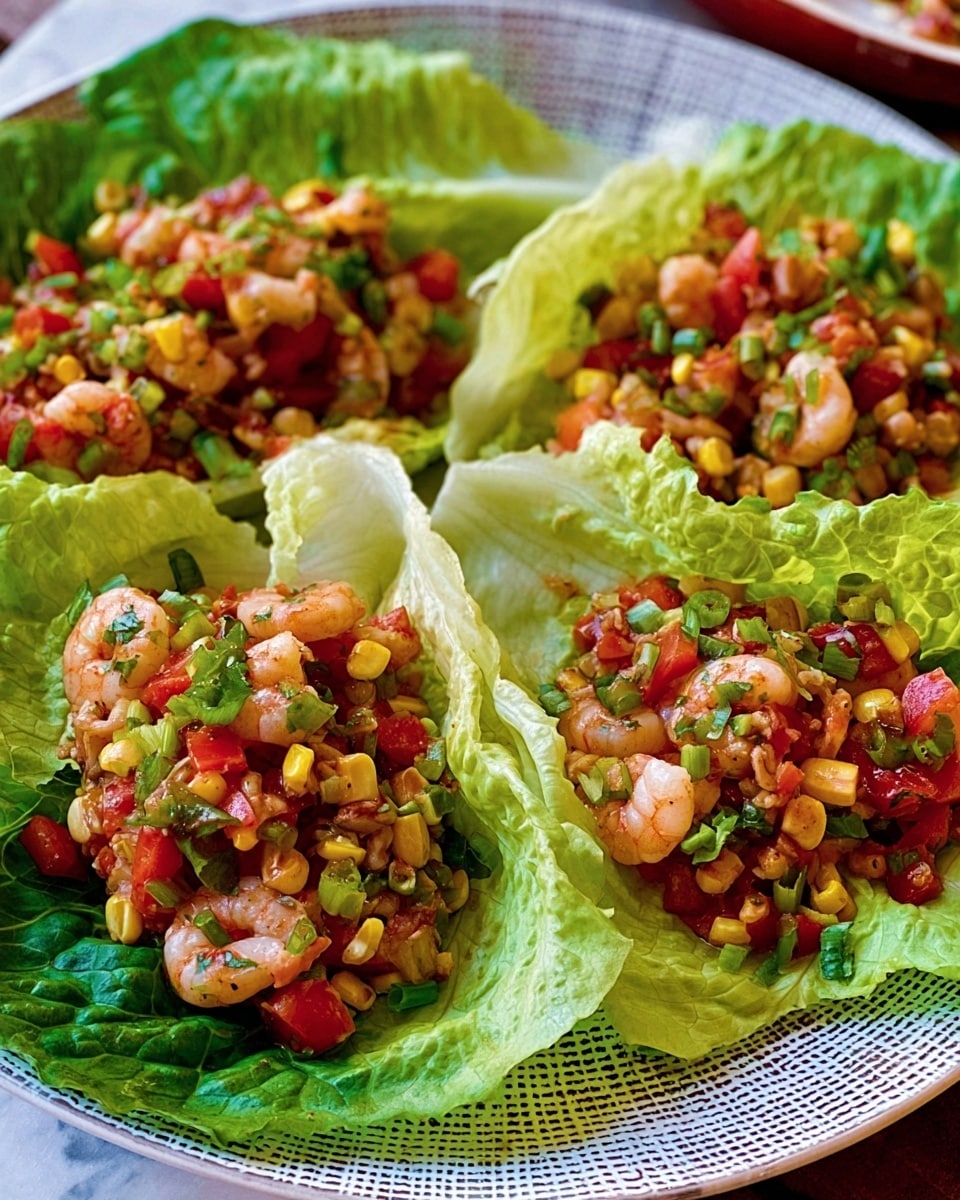 Four large, bright green lettuce leaves are spread out on a white plate with a gray grid pattern. Each leaf is filled with a colorful mix that includes small pink shrimp, red diced tomatoes, small yellow corn pieces, and some green herbs or chopped green onions scattered on top. The lettuce leaves form a natural bowl shape, holding the mix neatly. The background has a white marbled texture. photo taken with an iphone --ar 4:5 --v 7