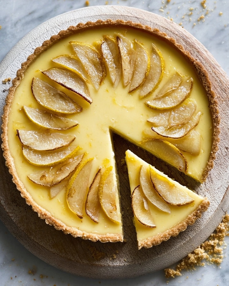 A round lemon tart with a pale yellow smooth filling topped with thin, curved slices of light brown caramelized lemon arranged evenly in a circular pattern near the edges and center. The tart has a golden-brown crust that rises slightly above the filling, capturing the soft, creamy texture contrast. Two slices have been cut out and placed slightly away from the tart on a round white wooden board with some crumbs around. The background is a white marbled surface. photo taken with an iphone --ar 4:5 --v 7