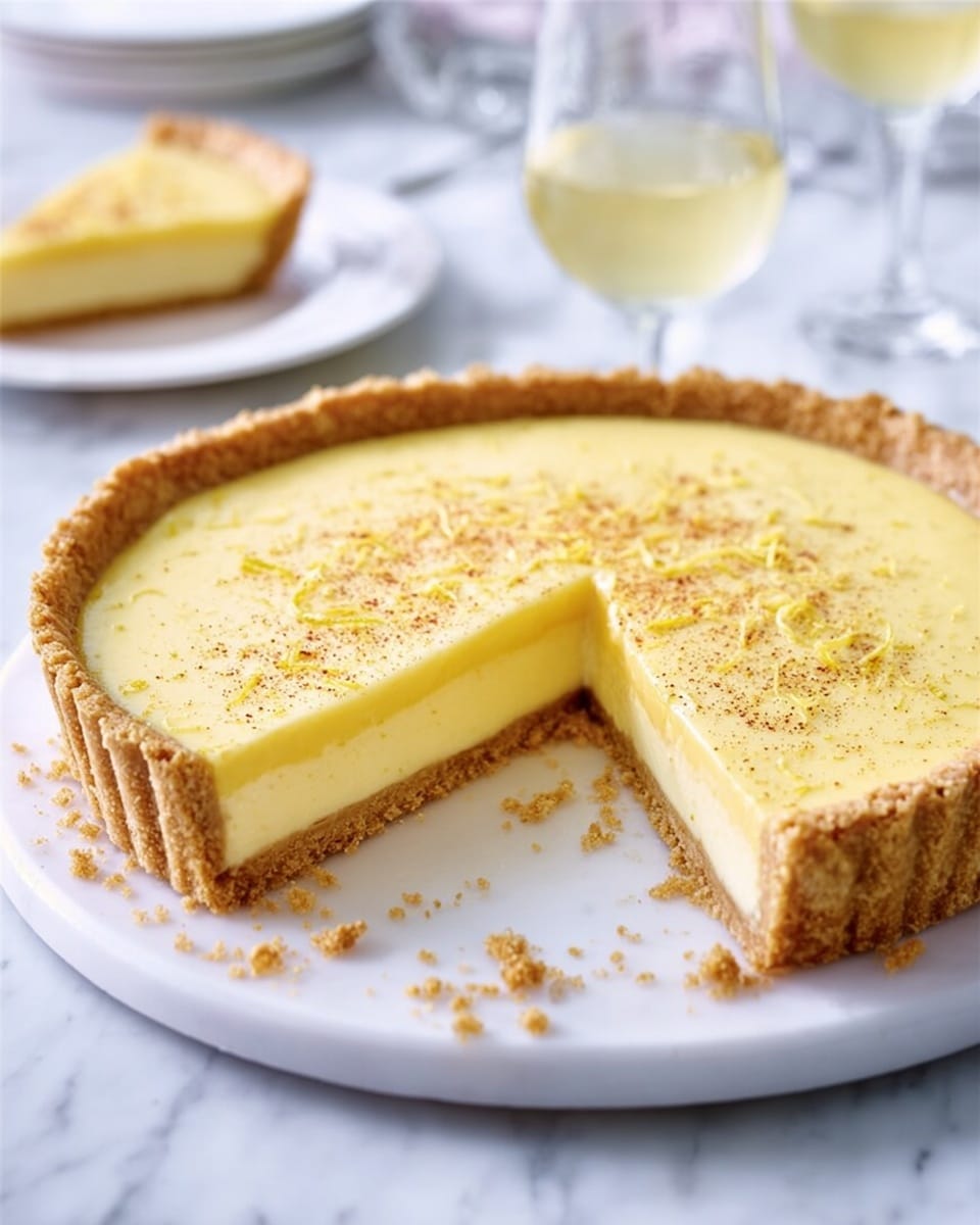 The image shows a round tart with a golden-brown crust and a smooth, creamy yellow filling, which is evenly spread and slightly shiny on top. One slice is removed, revealing two main layers: a thick, firm crust at the bottom and a soft, custard-like yellow layer above it. The surface of the filling has small, dark specks scattered across it. The tart is placed on a white plate sitting on a white marbled surface. In the background, there are blurred glasses with a light drink and a blurred white plate with another piece of the tart. Photo taken with an iphone --ar 4:5 --v 7