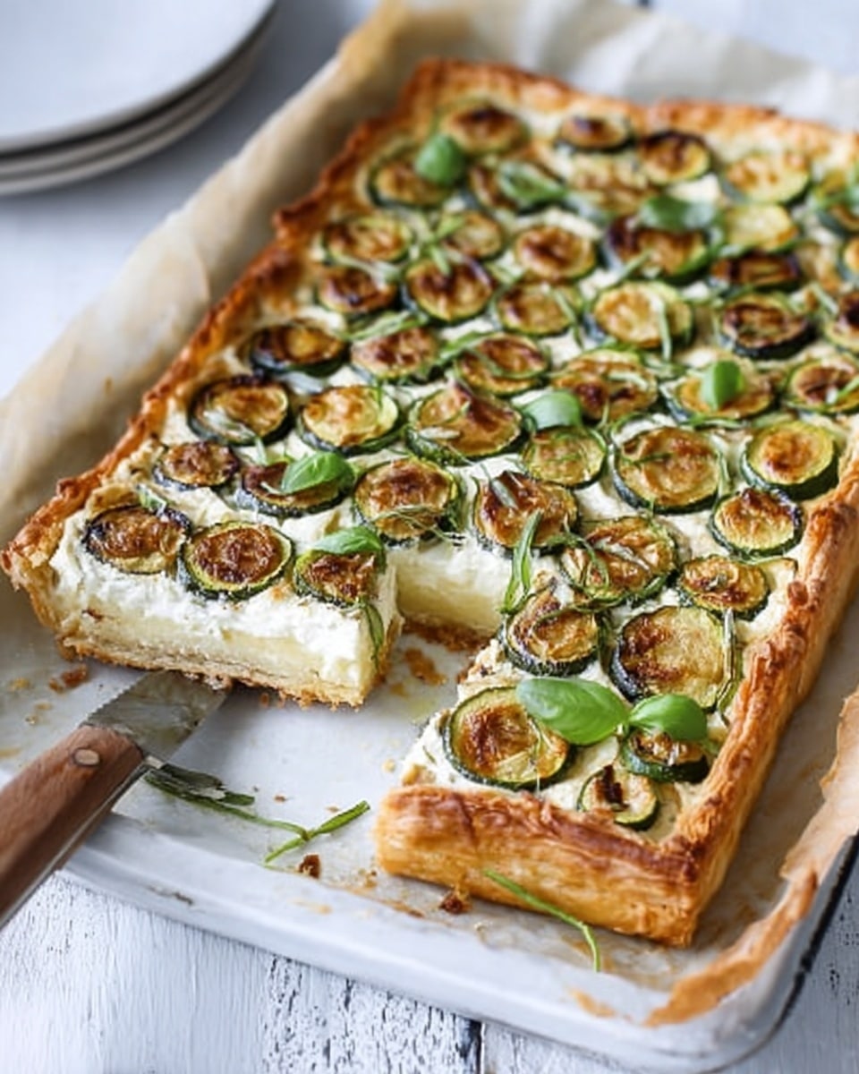 The image shows a rectangular puff pastry tart placed on parchment paper in a white baking tray. The tart has three main layers: a golden-brown crispy crust on the edges, a creamy white base spread evenly inside, and a topping of small round, browned zucchini slices scattered across the entire tart. Thin green basil strips are sprinkled on top for garnish. There is a cut piece separated from the tart, showing the same layers. A wooden-handled knife rests beside the tart on a white marbled surface. photo taken with an iphone --ar 4:5 --v 7