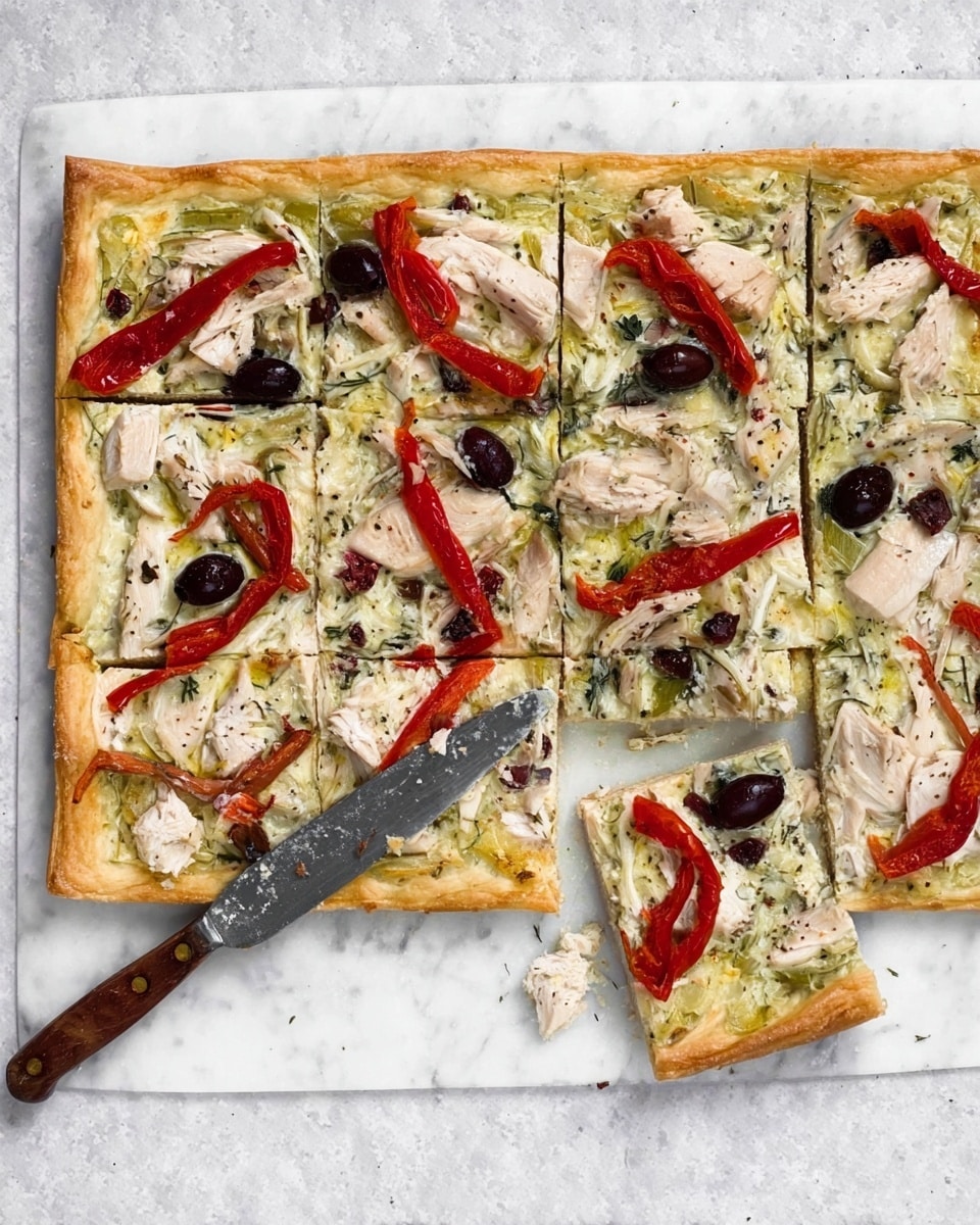The image shows a rectangular pizza with a golden, thin crust sitting on a white marbled surface. The pizza is cut into eight square slices with one slice slightly pulled out to the right. The base layer looks creamy and pale green with visible pieces of herbs or vegetables mixed in. On top, there are chunks of white chicken scattered throughout, black olives placed evenly, and long strips of red roasted pepper laid diagonally across the pizza. A knife with a wooden handle rests beside the pizza under the separated slice. The overall look is rustic and fresh. Photo taken with an iphone --ar 4:5 --v 7