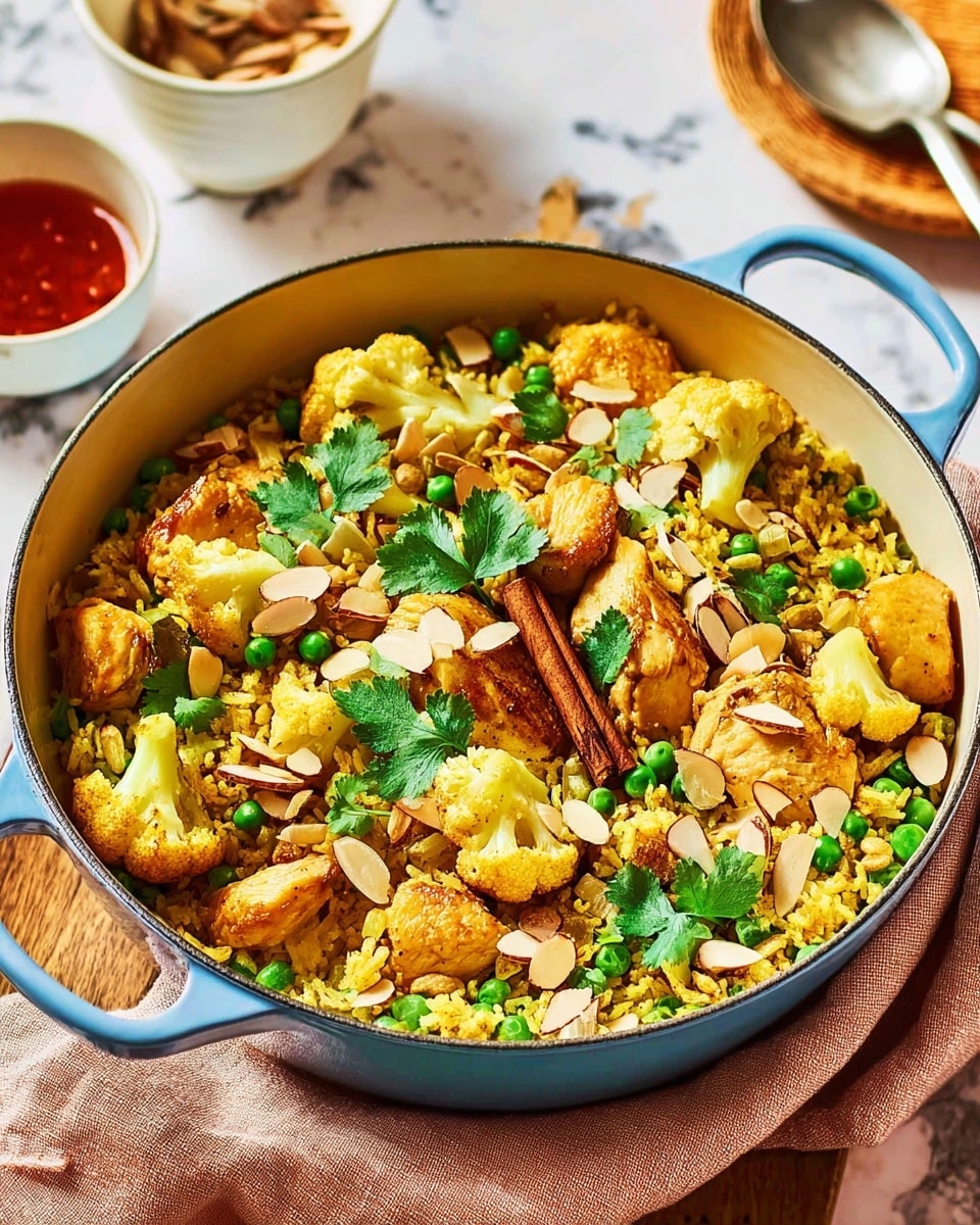 The image shows a round blue pot filled with a colorful mixture of food. The bottom layer is yellowish rice mixed with green peas and small green beans scattered throughout. On top are chunks of golden brown cooked chicken, light yellow cauliflower florets, and a cinnamon stick placed in the middle. There are also green cilantro leaves and some sliced light brown almonds sprinkled on the top. The pot sits on a soft, light orange cloth on a wooden table, with a white bowl containing red sauce nearby, all set on a white marbled texture. Photo taken with an iphone --ar 4:5 --v 7