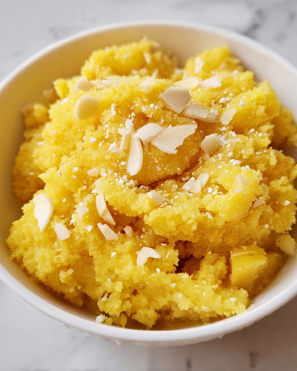 A single white bowl holds a bright yellow, crumbly dessert with a slightly moist texture. The dish has an uneven surface with small clusters and crumbles piled up, topped with thin slivers of white nuts scattered lightly over the top. The bowl is set against a softly lit white marbled background, enhancing the warm golden color of the dessert. photo taken with an iphone --ar 4:5 --v 7