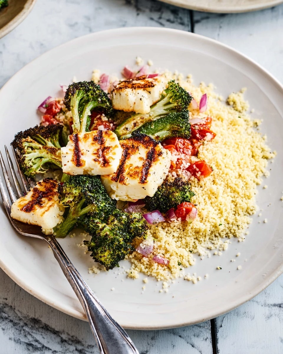 On a white plate, there is a layer of light yellow couscous placed on the right side, with small, round grains forming a soft bed. On top and to the left, there are pieces of grilled halloumi cheese, white with golden brown grill marks. Around and mixed with the cheese are bright green grilled broccoli florets that have dark char marks on some parts. Scattered on top of the couscous are small diced red tomatoes and bits of purple onions adding color contrast. A silver fork is placed to the left of the plate, and the whole scene is set on a white marbled surface. photo taken with an iphone --ar 4:5 --v 7