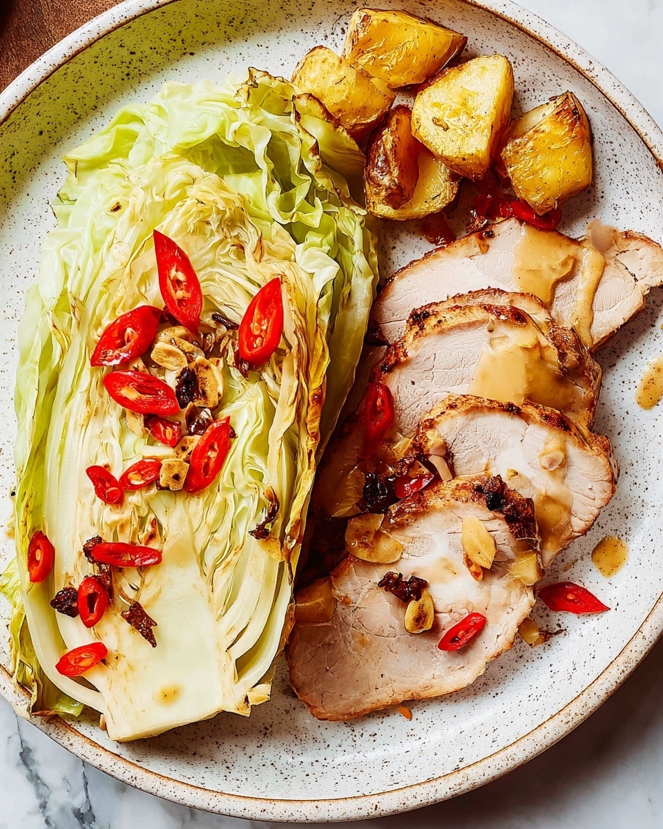 A white speckled plate holds a simple dish with two main parts; on the left, a wedge of cooked pale green cabbage with a smooth, soft texture topped with thin red chili slices and small toasted seeds, some slightly dark. On the right side, three thick slices of roasted meat with a light brown sauce covering parts of the tender, pale meat. In the upper right corner of the plate, small chunks of golden roasted potatoes add a slight crisp look. The plate sits on a white marbled surface. Photo taken with an iphone --ar 4:5 --v 7