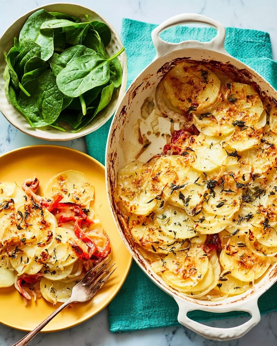 The image shows a white round baking dish with two handles, filled with a layered potato gratin. The gratin has multiple layers of thinly sliced round potatoes that are light yellow with some browned spots on top, and thin slices of translucent cooked onions scattered throughout. The top layer is baked golden with melted cheese and sprinkled with green herbs. Next to the dish is a yellow plate with a serving of the gratin, showing potato slices mixed with red bell peppers and melted cheese, with a fork resting on the plate. In the upper left is a white bowl filled with fresh green spinach leaves. The whole setup is placed on a white marbled surface with a teal cloth underneath the gratin dish and plate. Photo taken with an iphone --ar 4:5 --v 7