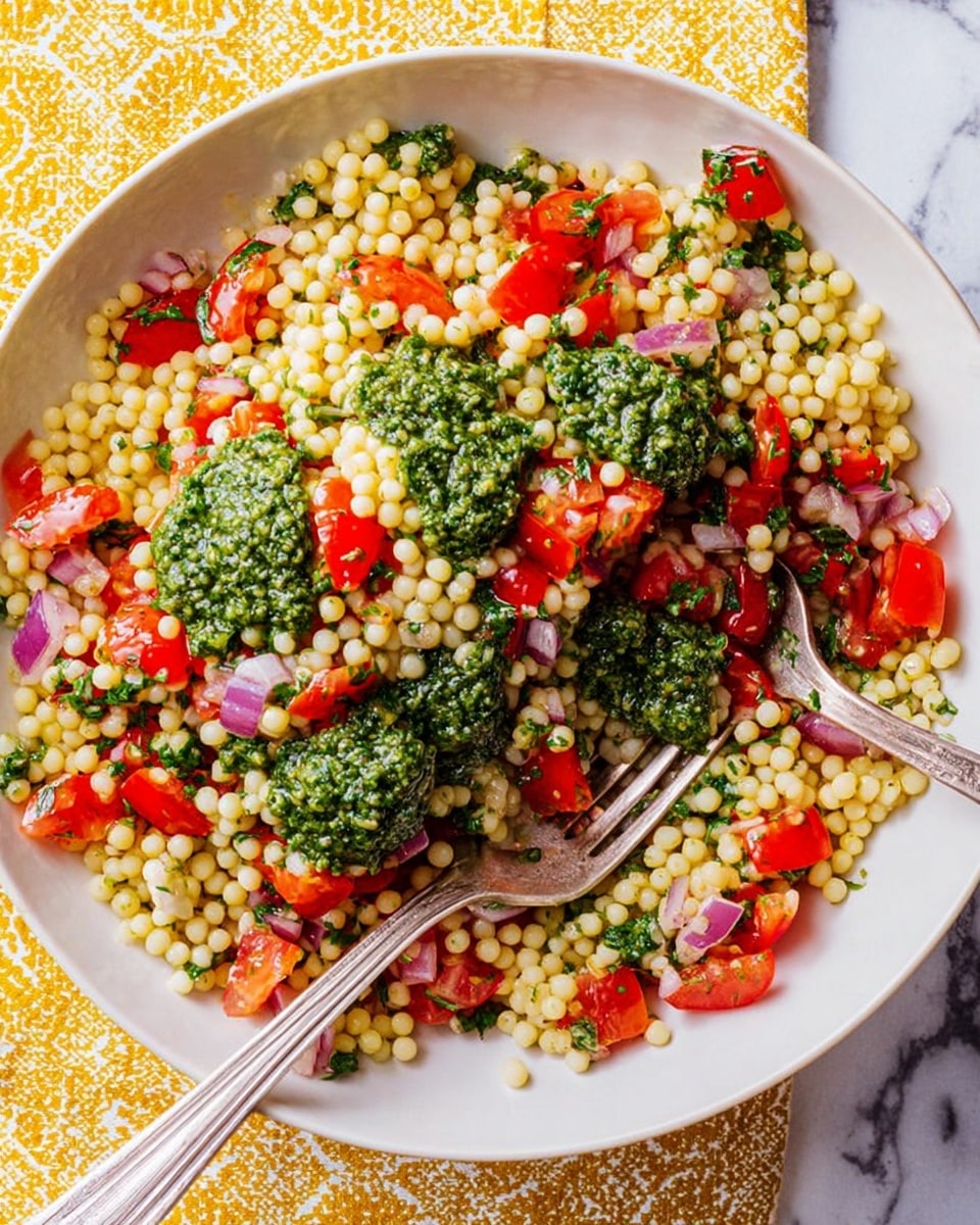 A white bowl filled with a colorful salad that has three main layers: small round pale yellow couscous grains as the base, bright red chopped tomatoes mixed evenly throughout, and dollops of dark green pesto sauce scattered on top. There are small pieces of finely chopped purple-red onion mixed in for extra texture. Two silver forks are placed inside the bowl resting on the salad. The bowl is placed on a yellow and white patterned fabric and a white marbled surface is visible beside it. Photo taken with an iphone --ar 4:5 --v 7
