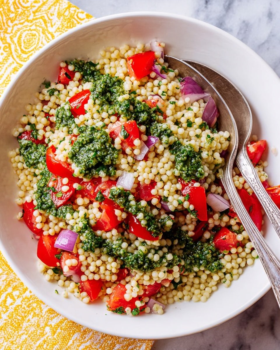 A white shallow bowl filled with a fresh couscous salad showing three main layers: the bottom layer of small, light beige couscous pearls, finely mixed with tiny pieces of light purple onion scattered throughout; the middle layer composed of bright red tomato chunks evenly spread across the couscous; and the top layer dotted with splotches of vibrant green pesto sauce adding contrast and texture. Two silver utensils, a fork and a spoon, rest partially inside the bowl, angled slightly towards the upper left. The bowl sits on a white marbled surface with a yellow and white patterned cloth partially visible on the left edge. photo taken with an iphone --ar 4:5 --v 7