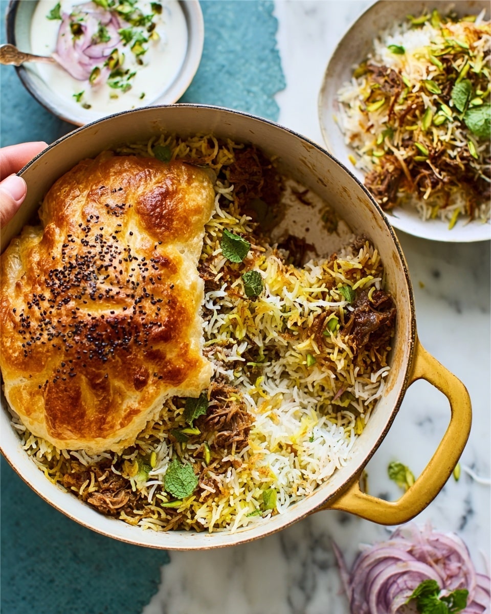 The image shows a white pot with a yellow handle filled with biryani. The biryani has visible layers: the bottom layer is white and yellow fluffy rice mixed with green herbs, and pieces of dark brown meat scattered throughout. The top layer is a golden, flaky, puffy bread sprinkled with black seeds, partially torn to reveal the biryani beneath. Next to the pot is a white bowl with white yogurt topped with green herbs and thin slices of purple onion. A woman’s hand is holding a white plate with some biryani on a white marbled surface in the background. photo taken with an iphone --ar 4:5 --v 7