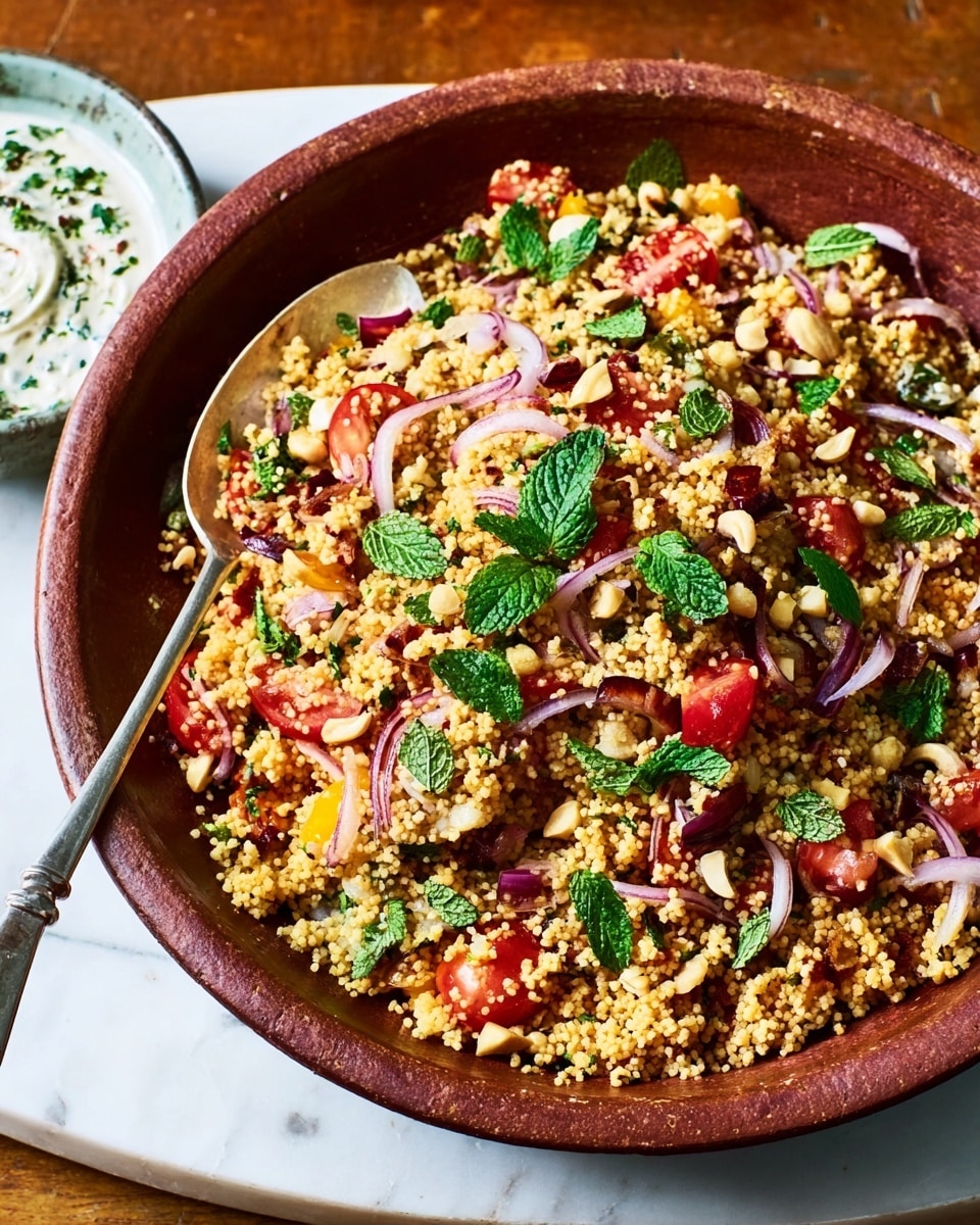 A large round brown bowl filled with a colorful grain salad, showing a mix of light golden grains layered with chopped red tomatoes, thin slices of purple onions, small pieces of light beige nuts, and scattered fresh green mint leaves on top. A silver spoon with a thick handle is resting on one side inside the bowl. Nearby on the white marbled surface is a white plate with a small portion of a creamy white sauce that has green herbs mixed in. Photo taken with an iphone --ar 4:5 --v 7