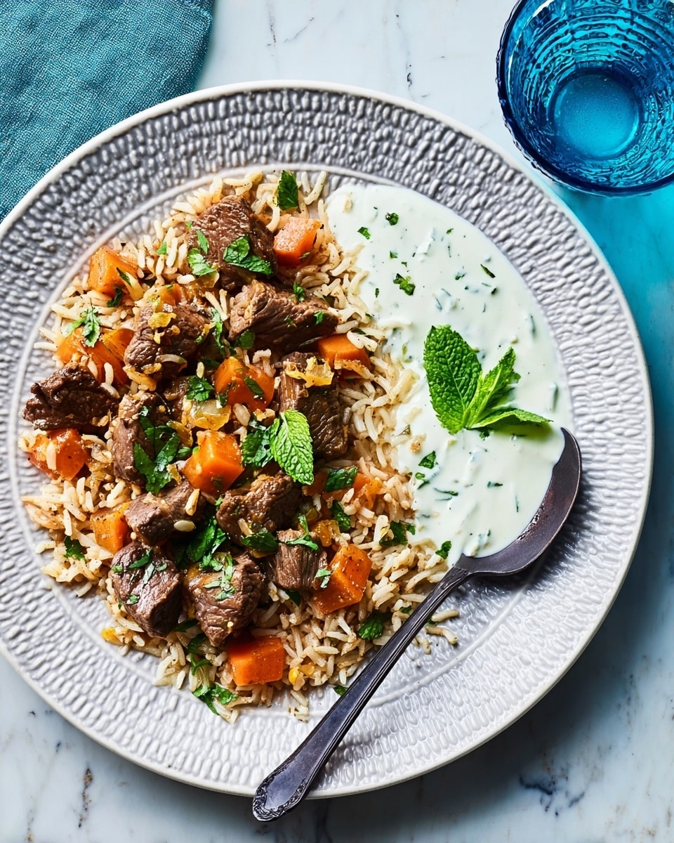 The image shows a white textured plate with a dish of cooked beef chunks mixed with brown rice and orange carrot pieces, all topped with fresh green mint leaves. On one side of the plate, there is a creamy white sauce with visible green herb bits, also garnished with a mint leaf. A dark spoon lies on the plate’s edge. The plate is set on a white marbled surface and there is a small blue glass next to it. photo taken with an iphone --ar 4:5 --v 7