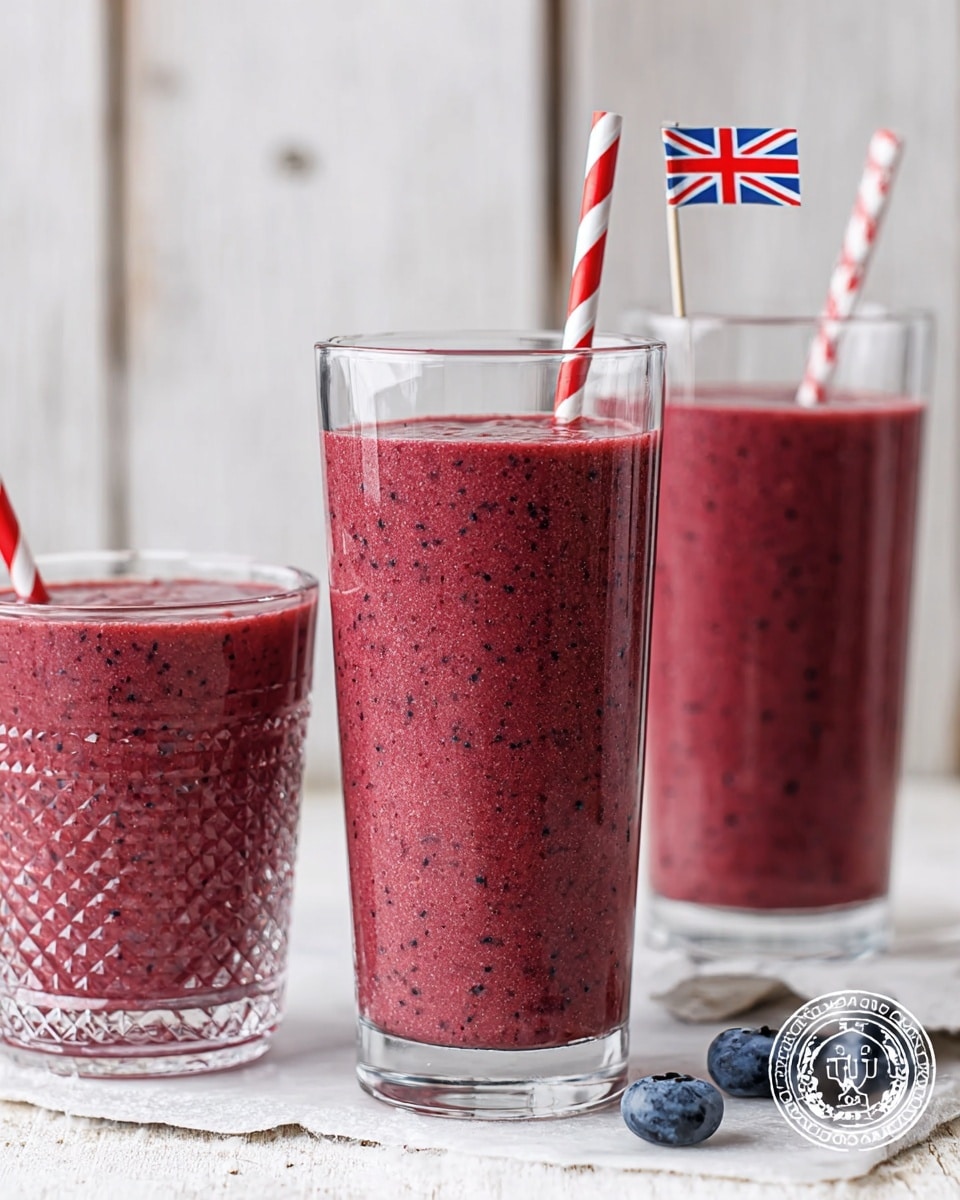 Three clear glasses filled with a thick, red-purple smoothie with visible small berry seeds. The tallest glass is in the center, shorter glass to its left, and a textured glass with a red and white striped straw behind to the right. A small British flag toothpick is placed near the right side, and a couple of loose blueberries rest on the white marbled surface. The background is neutral light-colored wood. photo taken with an iphone --ar 4:5 --v 7