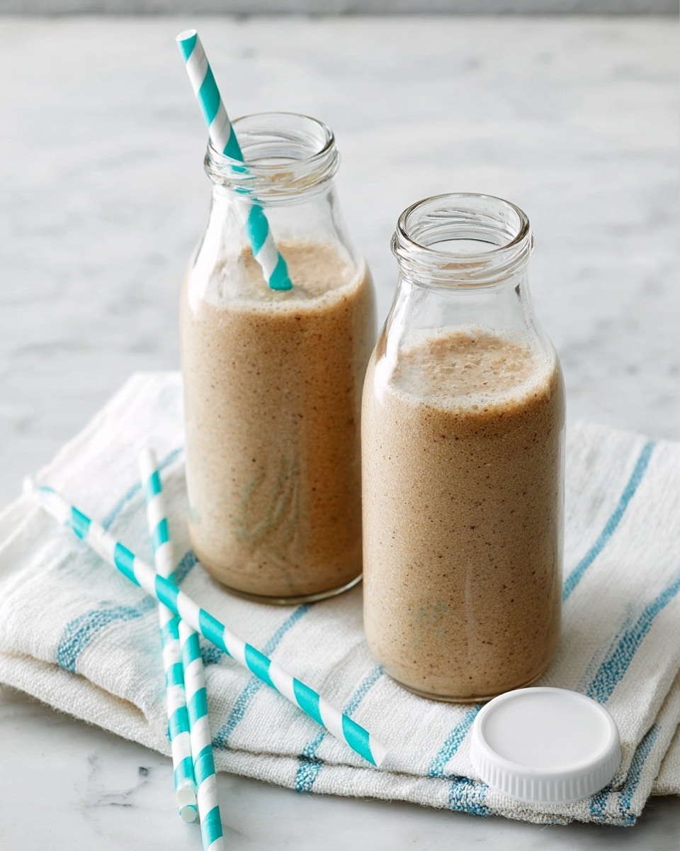 Two clear glass bottles filled with a light brown smoothie, each having a smooth creamy texture and small bits visible inside. One bottle has a turquoise and white striped paper straw sticking out, while the other bottle is uncovered, showing a smooth surface. Both bottles sit on a white cloth napkin with subtle blue stripes, which is placed on a white marbled surface. Two more turquoise and white striped paper straws lie next to the bottles, along with two white bottle caps placed on the right side. The overall look is fresh and simple, with soft natural light. photo taken with an iphone --ar 4:5 --v 7