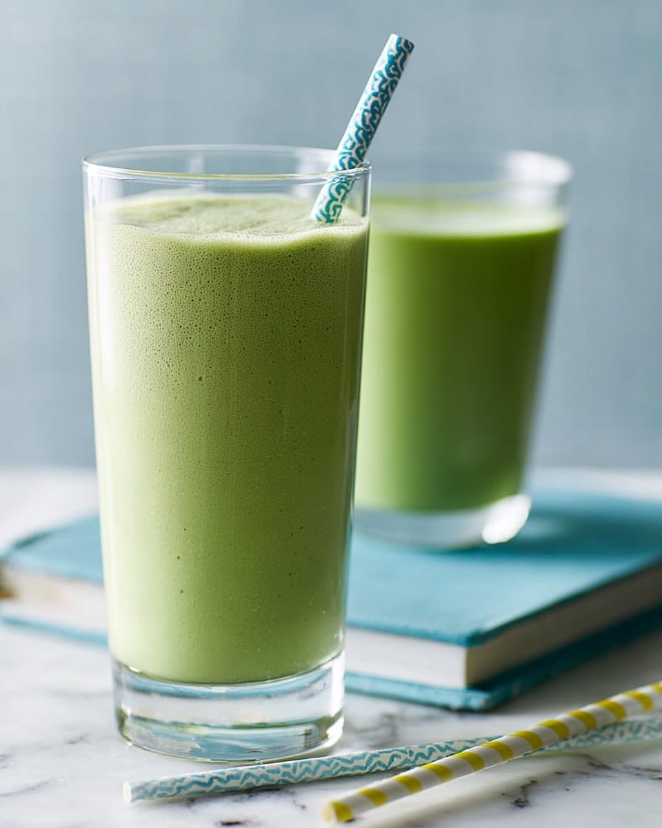 The image shows two clear tall glasses filled with a smooth, light green smoothie. The glass in the front is full almost to the top, with a thick, even layer of froth on the surface. The second glass behind it is less full, and has a blue-and-white striped straw standing inside. Both glasses sit on a white marbled surface with a soft blue book underneath the front glass. There are two straws in front, one yellow-and-white and one blue-and-white, lying on the surface. The background is softly blurred, keeping attention on the glasses. Photo taken with an iphone --ar 4:5 --v 7