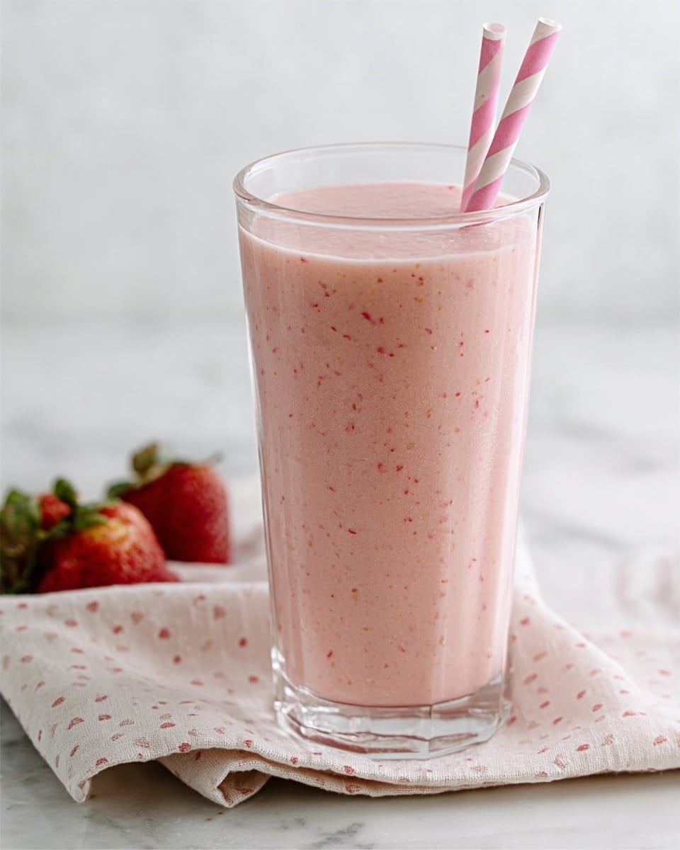 A tall clear glass filled with a pink smoothie that has small red and darker pink bits mixed in, showing its thick and creamy texture. Two pink and white striped paper straws stand inside the smoothie near the edge of the glass. The glass is placed on a white marbled surface with a light polka-dot cloth partially under it. photo taken with an iphone --ar 4:5 --v 7