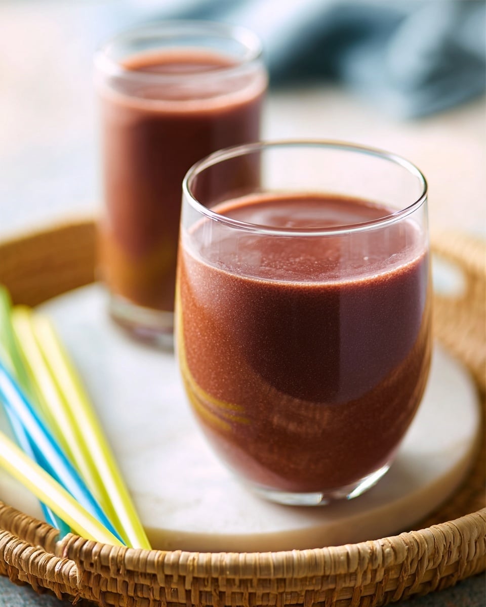 The image shows two clear glass cups filled with a smooth, thick dark reddish-brown drink. The front glass has a short stem and is placed on a white marbled surface. Behind it, the second taller glass is slightly blurred. Both cups are on a brown rectangular wicker tray. Next to the front glass on the tray, there are four colorful straws: two green, one blue, and one yellow. The background is softly blurred, focusing attention on the drinks. Photo taken with an iphone --ar 4:5 --v 7