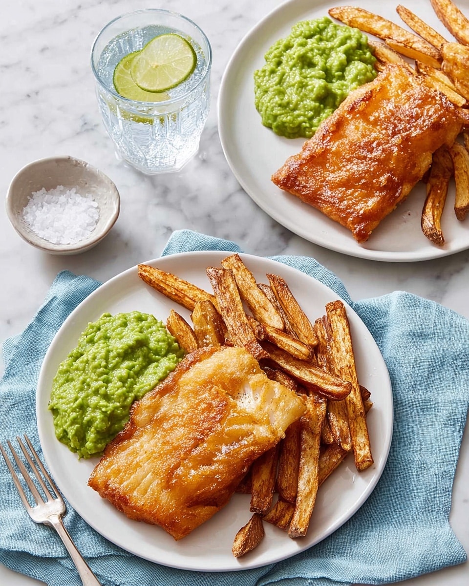 The image shows two white plates each with a golden-brown crispy fried fish fillet placed slightly off-center on the lower left. To the upper right of the fish, there is a pile of thick, golden-brown French fries with some darker edges, showing a crunchy texture. On the lower right side of each plate, there is a bright green mashed pea portion with a smooth but slightly chunky texture. A silver fork rests on the left side of the nearest plate, lying on a light blue cloth. To the upper left, there is a clear glass of water with ice cubes and a lime wedge, and a small white dish filled with coarse salt. The whole scene is set on a white marbled surface. photo taken with an iphone --ar 4:5 --v 7