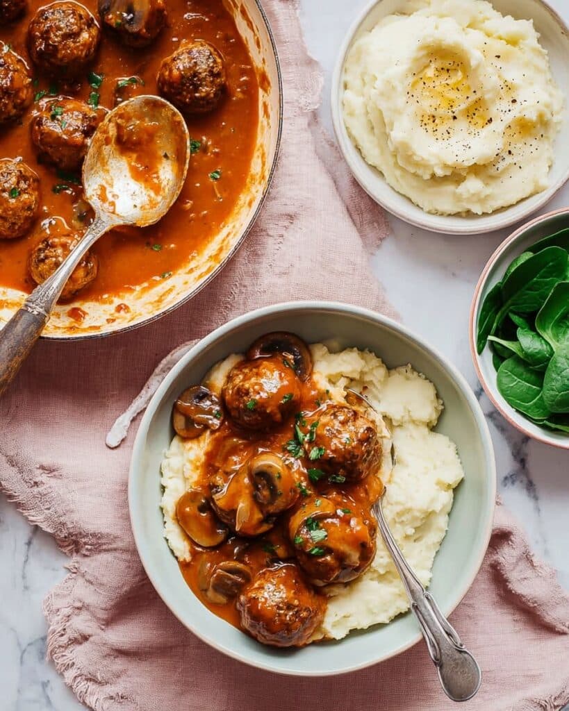 Stroganoff Meatballs with Mash and Wilted Spinach Recipe