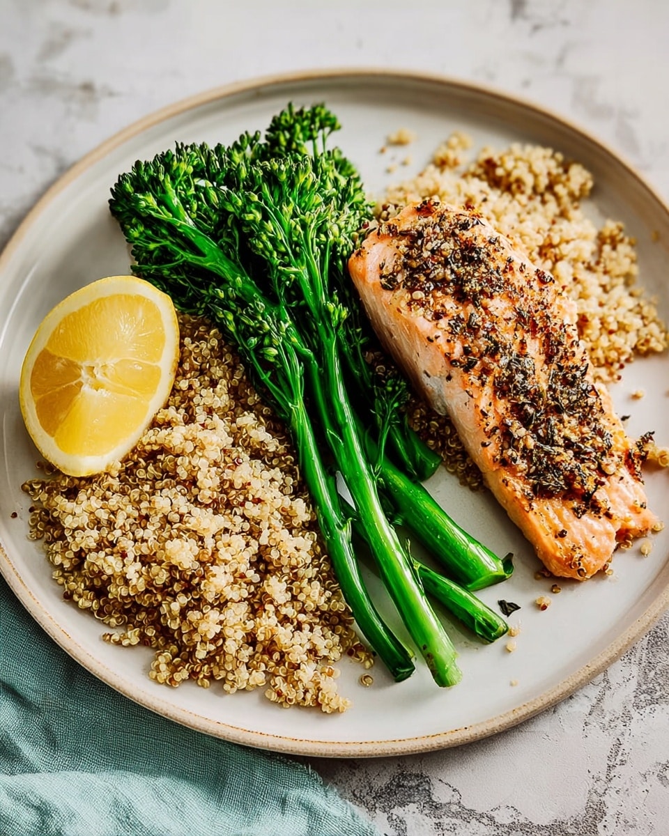 A white round plate sits on a white marbled surface, holding a dish with three main layers. The bottom layer is light brown quinoa with a scattered texture, spread evenly across the plate. On the right side of the plate, partially resting on the quinoa, is a cooked salmon fillet with a light pink color, charred spots, and sprinkled herbs creating a textured crust. In the center, there is a bundle of bright green broccolini with long stems and small florets, positioned diagonally across the quinoa. A wedge of lemon with a yellow hue rests on the left edge of the quinoa. Photo taken with an iphone --ar 4:5 --v 7