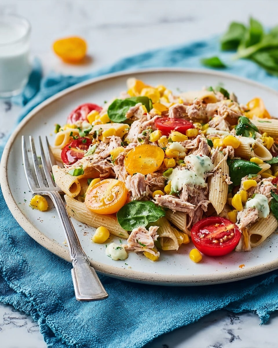A round white plate holds a colorful pasta salad with three main layers. The bottom layer consists of light yellow penne pasta scattered across the plate. On top of the pasta, there is a mix of bright yellow corn kernels, halved red cherry tomatoes, and chunks of light brown tuna spread evenly. The dish is garnished with fresh green basil leaves and drizzled with a creamy white dressing, giving the salad a slightly wet texture. The plate is set on a blue cloth, against a white marbled surface. Nearby, there is a silver fork resting on the edge of the plate and a glass of water with a lemon slice in the background. photo taken with an iphone --ar 4:5 --v 7
