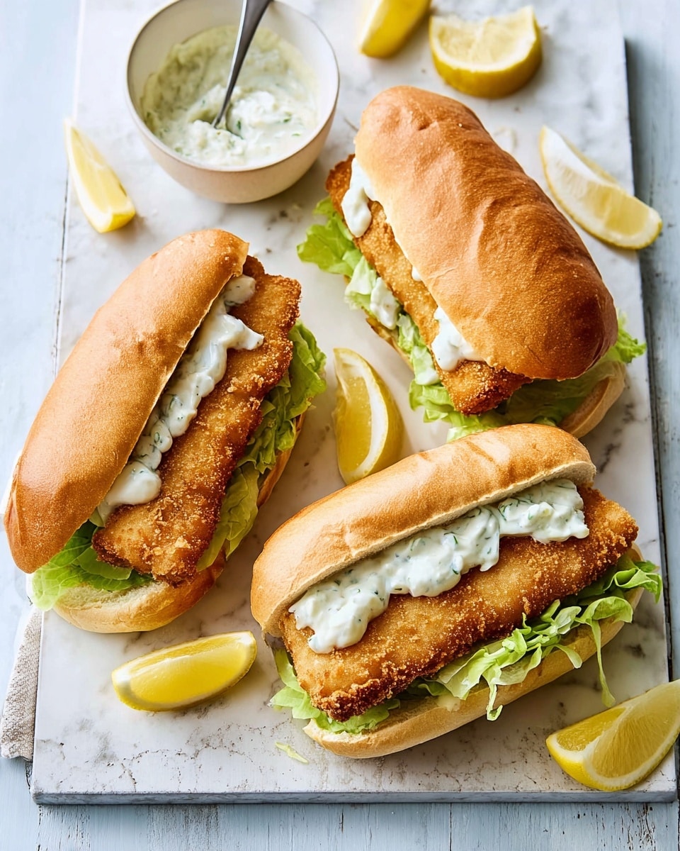 Three sandwiches sit on a white marbled surface, each made with a soft, golden brown bun sliced open to hold a layer of green lettuce at the bottom, topped with a long, crispy golden-brown fried fish fillet, and finished with a generous dollop of white tartar or mayo sauce spread over the fish. Around the sandwiches are lemon wedges with bright yellow skin and pale flesh. In the upper left corner, there is a white bowl filled with creamy white sauce, with a spoon resting inside. The sandwich filling is visible from a slightly top angle, showing the textures clearly. photo taken with an iphone --ar 4:5 --v 7