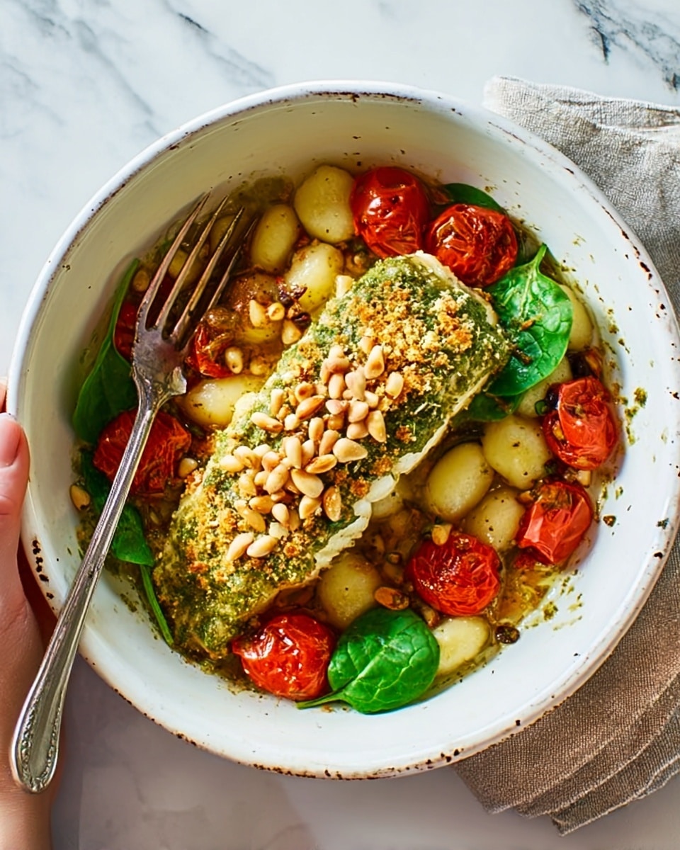 The dish shows a white round bowl filled with a baked fish fillet in the center, coated with a green pesto-like layer sprinkled with toasted pine nuts on top. Around the fish, the bottom layer is a mix of roasted cherry tomato slices with a reddish color, soft gnocchi pieces in light yellow, and fresh green spinach leaves scattered on top. The textures include the smoothness of the fish, the soft and round gnocchi, the juicy tomatoes, and the leafy spinach, all set against a white marbled surface. A woman's hand is holding a fork next to the bowl. Photo taken with an iphone --ar 4:5 --v 7