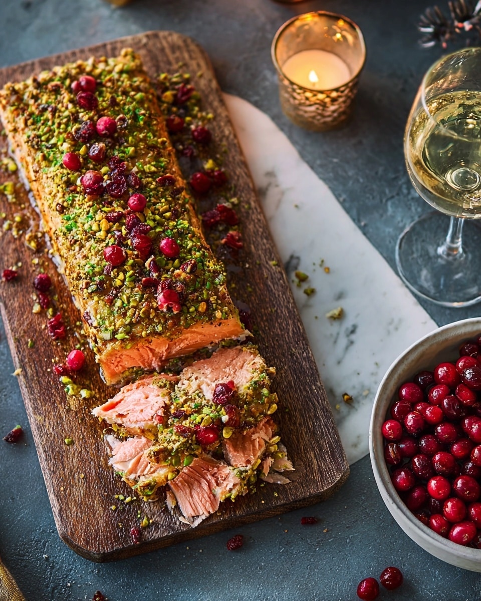 A wooden board on a white marbled surface holds a rectangular salmon loaf topped with a green herb and crushed pistachio crust. Bright red cranberries are scattered on top and around the loaf, adding contrast and freshness. Part of the salmon is sliced into thick pieces that reveal a pink, flaky interior. Next to the board is a white bowl filled with red cranberries, and a lit candle and a glass of white liquid sit nearby, creating a cozy atmosphere. Photo taken with an iphone --ar 4:5 --v 7