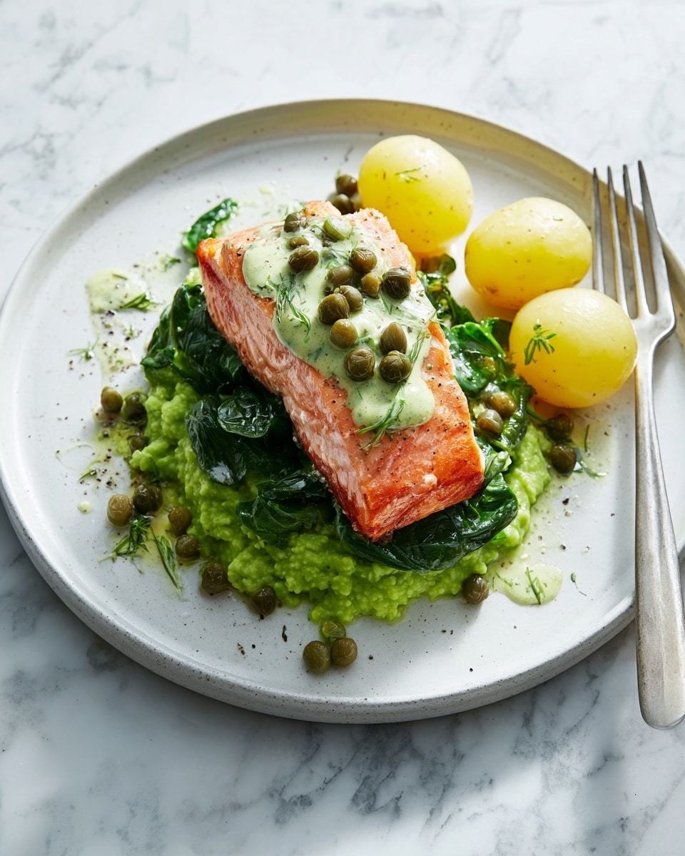 The image shows a white plate placed on a white marbled surface, with a layered dish. The bottom layer is bright green mashed peas with a coarse texture, topped by wilted dark green spinach leaves. Above this sits a thick, cooked salmon fillet with a rich pink-orange color, drizzled with a pale green creamy sauce and scattered with whole capers and broad beans. On the side of the plate, three small yellow boiled potatoes rest neatly. A silver fork lies nearby on the marble surface. The lighting is natural, highlighting the fresh and vibrant colors of the food. photo taken with an iphone --ar 4:5 --v 7