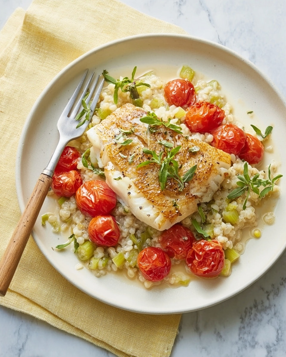 A white plate holds a dish with three main layers: the bottom layer is a creamy mixture of light beige grains and pale green chopped vegetables scattered evenly across the plate; the middle layer consists of several shiny, bright red cherry tomatoes placed around the plate; the top layer features a thick, golden-brown crispy-skinned fish fillet, slightly glossy with oil, resting in the center, garnished with small fresh green herb leaves. A fork with a wooden handle is placed on the left side of the plate, all set on a white marbled surface with a light yellow cloth partially underneath. Photo taken with an iphone --ar 4:5 --v 7