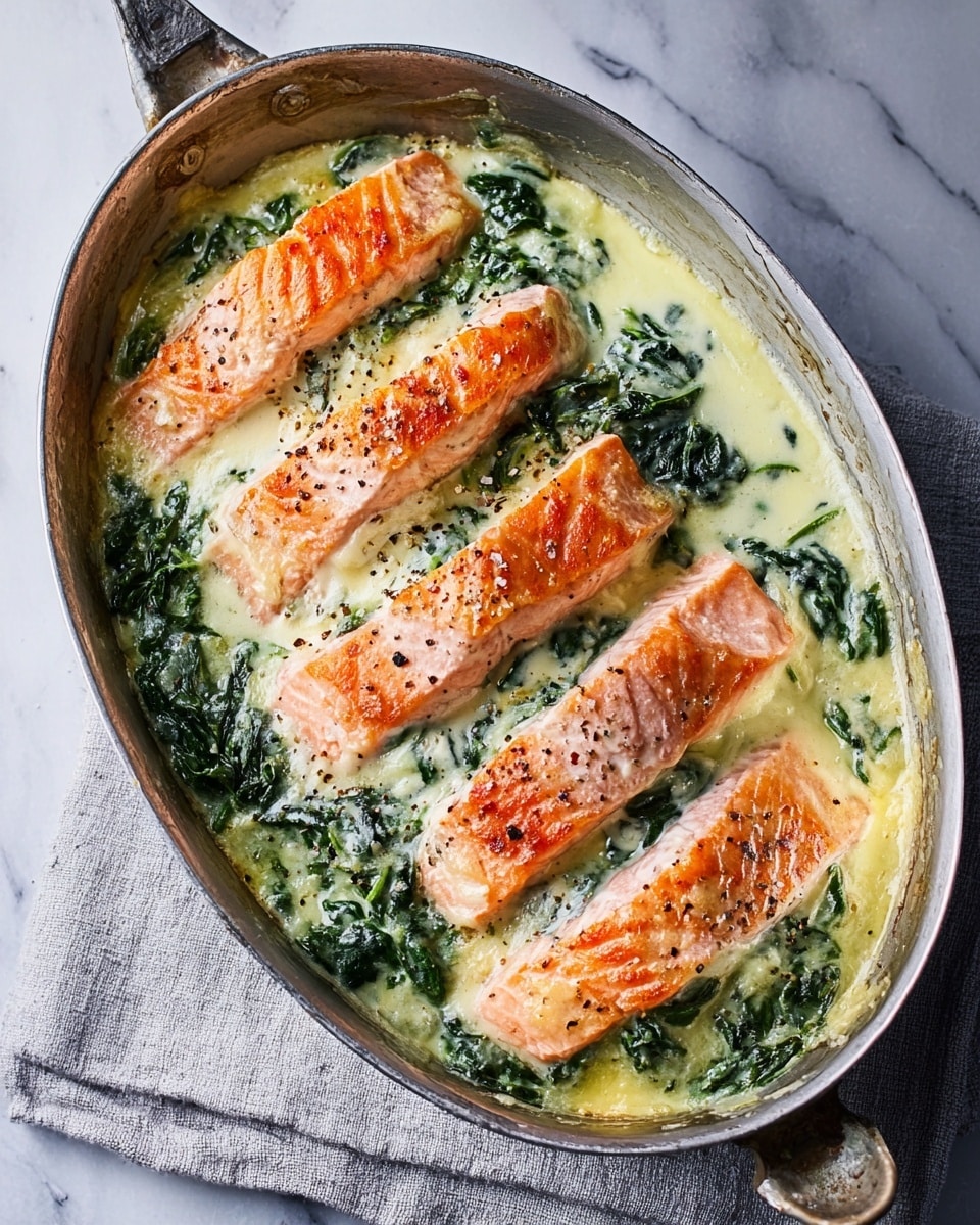 The image shows an oval silver pan filled with a baked dish that has three main layers. The bottom layer is green and leafy, likely cooked spinach spread evenly across the base. On top of the spinach is a creamy white sauce layer that covers most of the spinach but allows some green to show around the edges. The top layer has six long pieces of cooked salmon, displaying a pinkish-orange color with light grill marks and a slightly shiny texture. Small black pepper flakes are scattered over the dish, adding a bit of contrast. The pan is placed on a light gray cloth, all set against a white marbled texture background. photo taken with an iphone --ar 4:5 --v 7