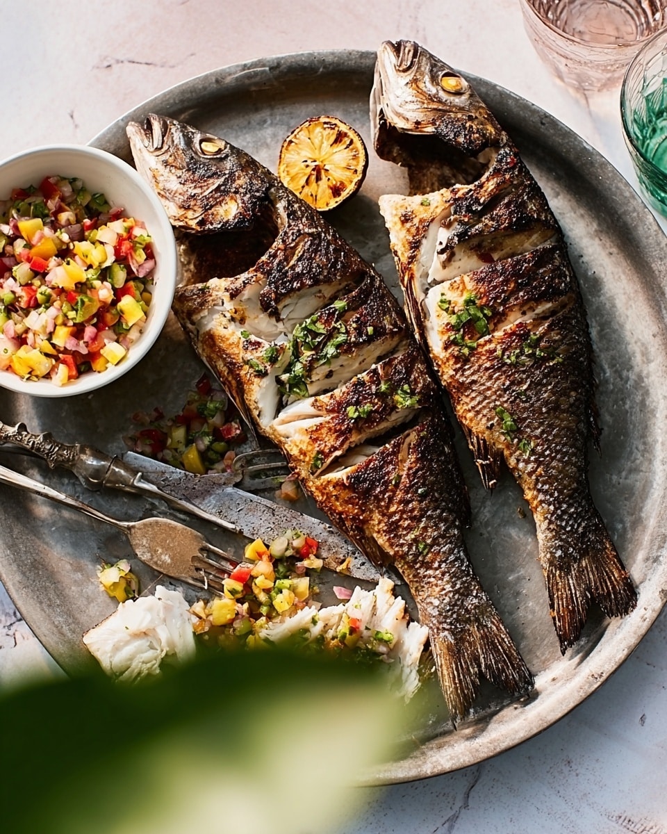 The image shows two whole grilled fish with dark, crispy skin placed side by side on a large round metal plate. The fish have cuts on their skin, revealing the white, flaky flesh inside, with some green herbs sprinkled on top. Half a charred lime is placed near the fish for garnish. Next to the fish, there is a white bowl filled with colorful salsa made of diced red, yellow, and green vegetables. A fork and a knife are placed on the plate near the left fish, resting on some of the fish's white flesh. The plate sits on a white marbled surface with some soft natural light and a blurred green leaf in the front corner. Photo taken with an iphone --ar 4:5 --v 7