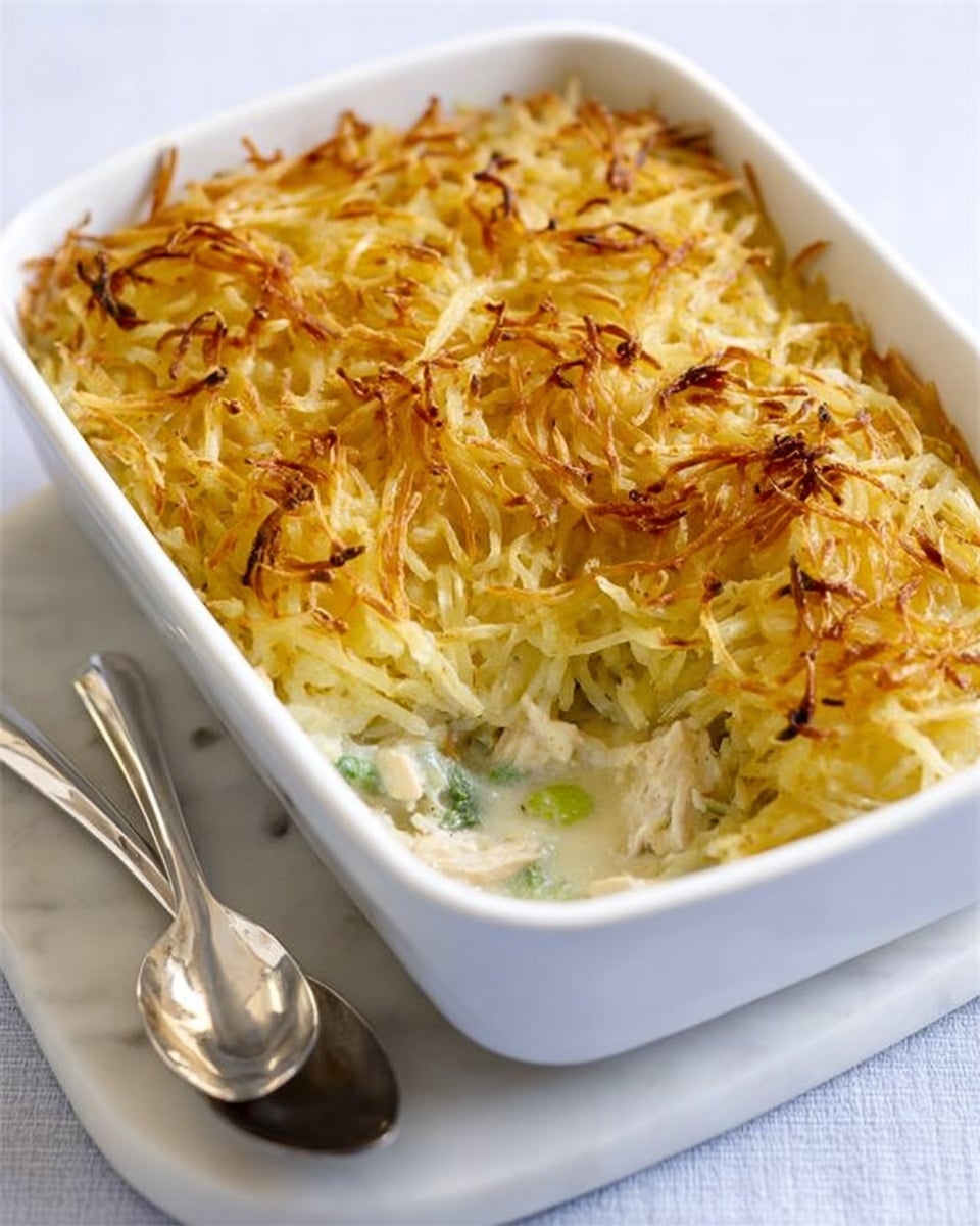 A small white square baking dish filled with a baked casserole, where the top layer is golden brown shredded potato that looks crispy and uneven, with some darker brown spots around the edges. Beneath this layer, you can see a creamy mixture with chunks of white chicken meat and bits of green herbs or vegetables peeking through. The dish is placed on a white marbled surface, and beside it are a silver spoon and fork resting on a white textured mat. Photo taken with an iphone --ar 4:5 --v 7