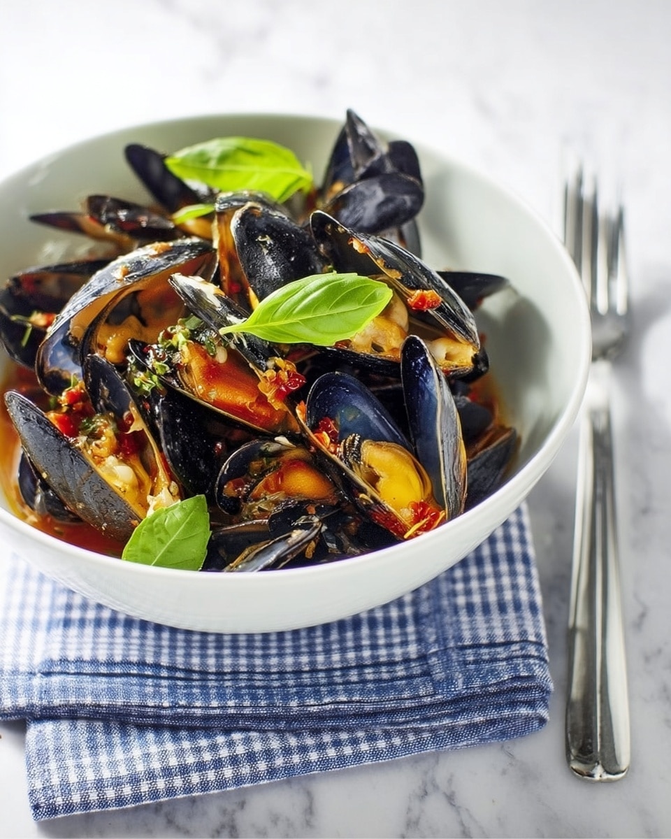 A white bowl filled with about two layers of black mussels that have deep blue and purple shells, some opened to show the light orange meat inside. The mussels are topped with small pieces of red and yellow sauce, giving a slight shiny and wet look. Fresh bright green basil leaves sit on top, adding a fresh color contrast. The bowl is placed on a folded blue and white checkered cloth, on a white marbled surface, with a silver fork and knife resting beside it. photo taken with an iphone --ar 4:5 --v 7