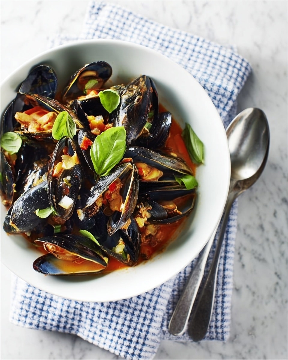 A white bowl filled with dark blue-black mussel shells layered over a sauce with a reddish-orange tint and small bits of diced vegetables. Bright green fresh basil leaves sit on top, adding a pop of color. The bowl is placed on a white and blue checkered cloth, which rests on a white marbled surface. A fork and a spoon are placed near the bowl. photo taken with an iphone --ar 4:5 --v 7