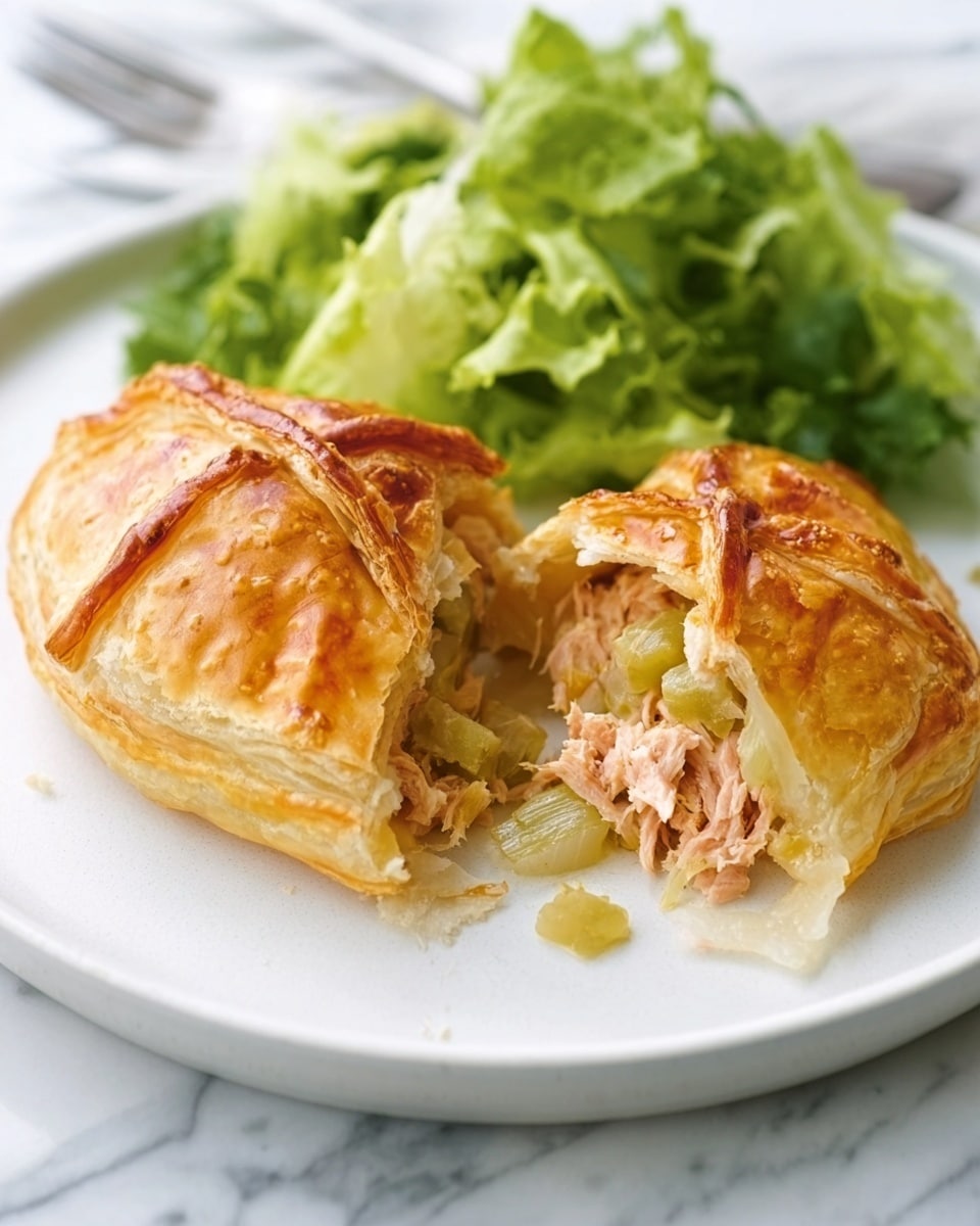 A white plate shows a crispy golden-brown pastry with a rough, crinkly top layer. The pastry is partly open, showing soft inner layers of light pink shredded filling mixed with pale green vegetable pieces. Next to the pastry, there is a small salad with fresh green leafy lettuce that looks bright and fresh. The plate is resting on a white marbled textured surface. photo taken with an iphone --ar 4:5 --v 7