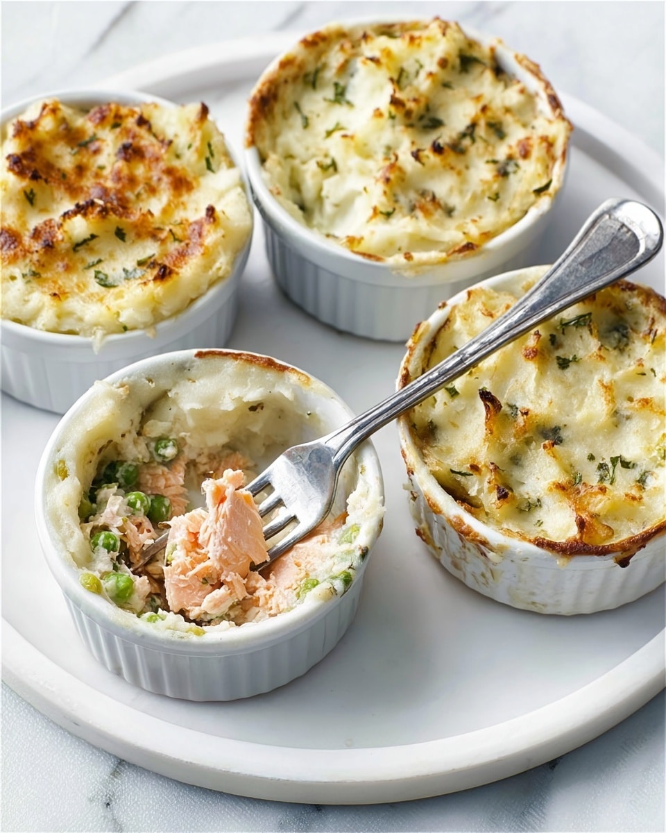 Four small white ceramic ramekins sit on a white round tray placed on a white marbled surface. Three ramekins are filled with a creamy, lightly browned mashed potato topping with a slightly crispy texture and bits of green herbs visible throughout. The fourth ramekin is open, showing two layers: a bottom layer with cooked salmon flakes mixed with green herbs and vegetables, and the creamy mashed potato topping above. A metal fork is inside the opened ramekin, partly digging into the salmon layer. photo taken with an iphone --ar 4:5 --v 7