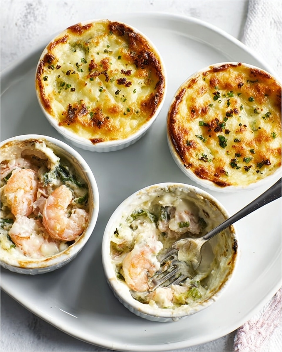 Four white small round ramekins sit on a white round plate on a white marbled surface. Three ramekins are filled with a golden-brown baked layer on top, which looks crispy with small green herb bits and light browned spots, indicating cheese or mashed potatoes. The fourth ramekin shows the inside with a creamy, chunky mixture of pinkish cooked shrimp or fish, white creamy sauce, and small green pieces, with a silver fork resting inside. The scene has soft natural light, highlighting the textures and colors of the baked topping and the creamy filling photo taken with an iphone --ar 4:5 --v 7