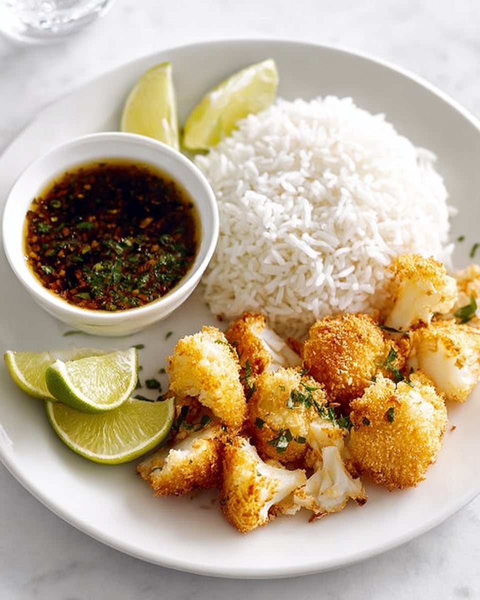 A white plate on a white marbled background holds a serving of fluffy white rice on the top right side, with golden-brown fried cauliflower pieces arranged to the right and in front of the rice. Three lime wedges sit on the left side of the plate. A small white bowl filled with dark sauce topped with green herbs is placed at the left edge of the plate. The textures show the rice as soft and fluffy, the cauliflower crispy and golden with some herbs for garnish. Photo taken with an iphone --ar 4:5 --v 7