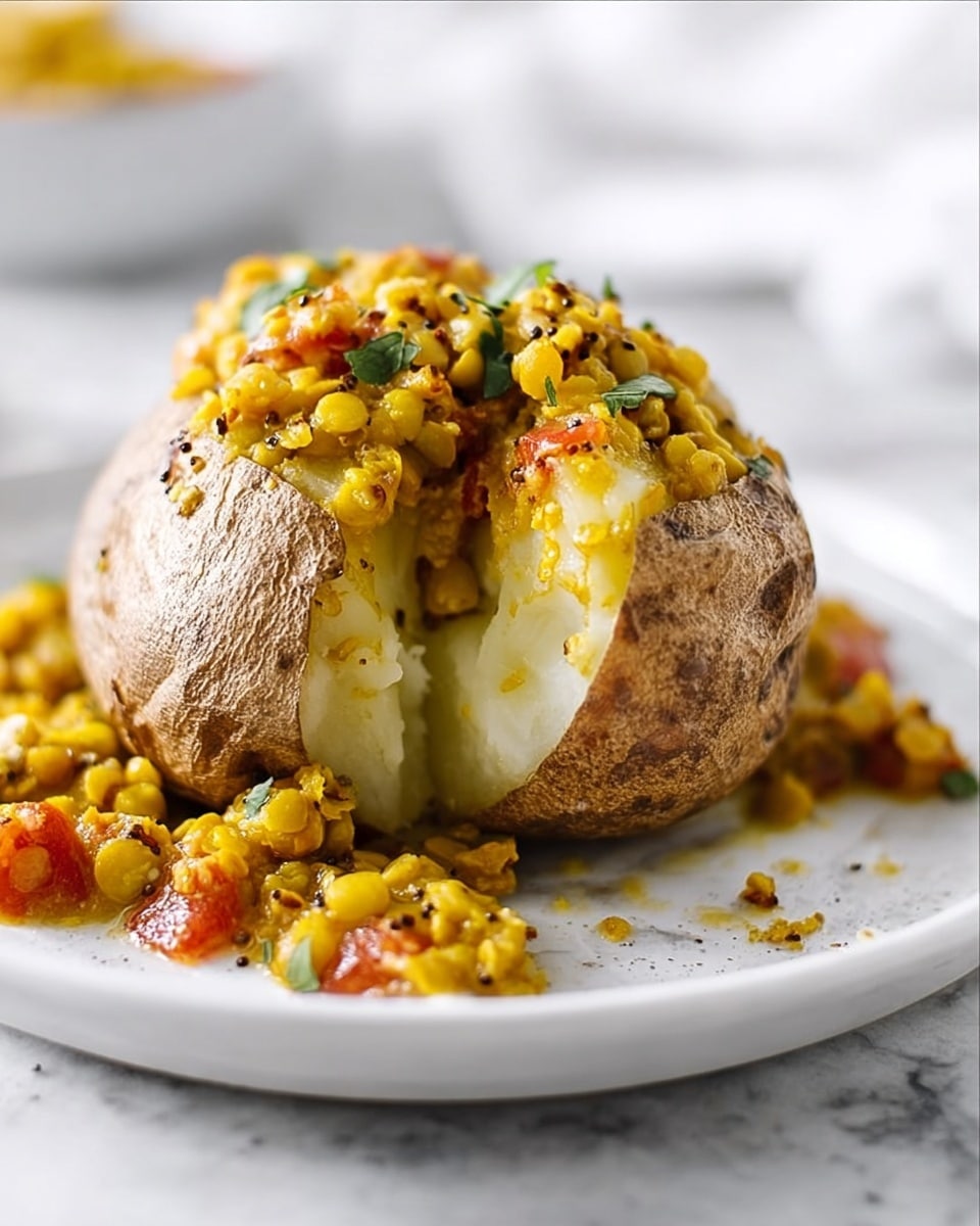 A baked potato with a rough brown skin is split open in the middle, showing soft, fluffy white potato inside. It is topped and surrounded by a bright yellow lentil curry with small pieces of red tomato, green herbs, and visible black mustard seeds, adding texture. The dish is served on a shiny white plate, placed on a white marbled surface, with soft focus in the background. photo taken with an iphone --ar 4:5 --v 7