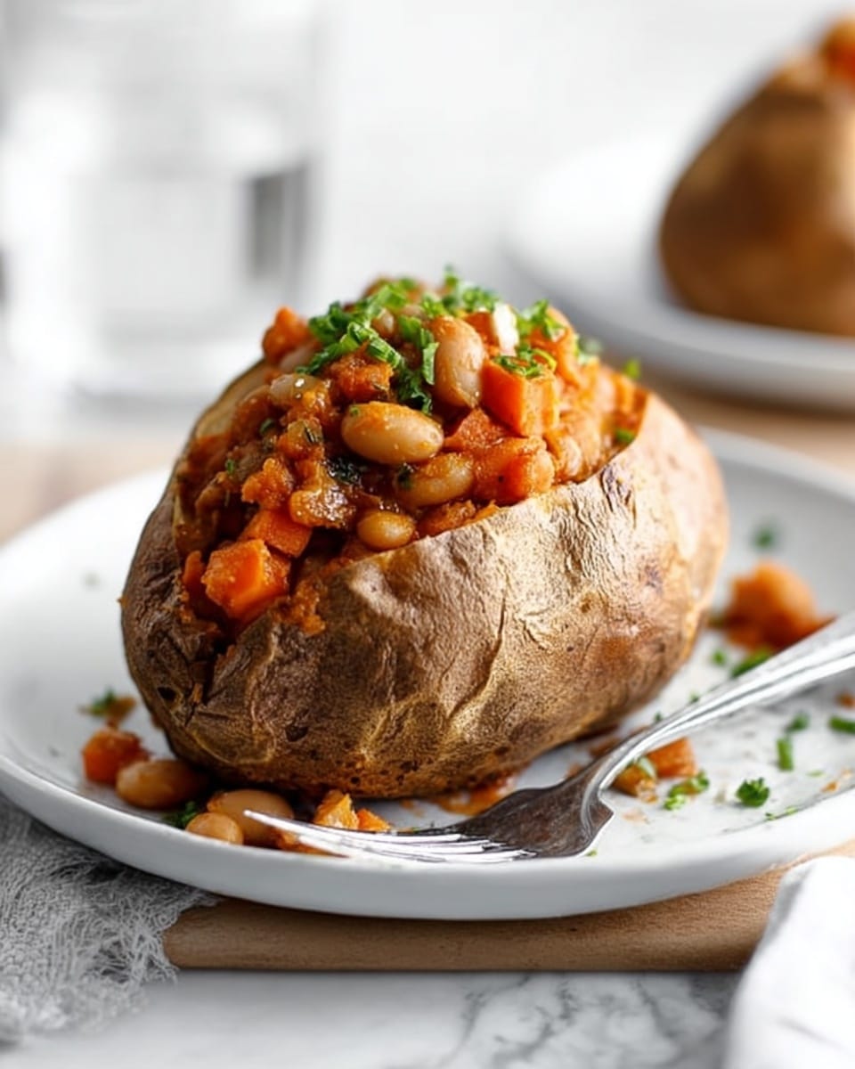 A baked potato with dark brown, wrinkled skin is placed in the center of a white plate on a white marbled surface. The potato is cut open on top, revealing a filling of warm, chunky beans cooked with small pieces of orange carrot. The filling is piled high and spilling over, topped with finely chopped green herbs. To the right of the potato, a silver fork lies on the plate. In the background, there is a blurred second serving with similar contents and a glass of water. photo taken with an iphone --ar 4:5 --v 7