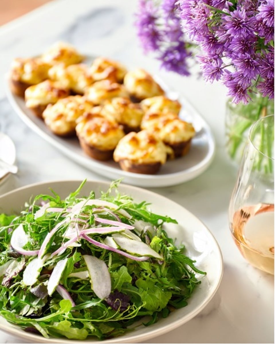 The image shows a fresh salad and a plate of small stuffed bread appetizers on a white marbled surface. The salad, placed in a shallow white bowl at the front, has a mix of green arugula leaves, thin slices of white fennel, and purple onion rings layered on top, creating a fresh and colorful look. Behind the salad, there is a white oval plate filled with round mini bread cups, each topped with a golden, slightly toasted cheese layer that looks creamy and melted. To the right of the plates, there is a partially filled clear glass with a light drink inside. A bunch of purple flowers in a clear vase is visible in the background, softly blurred. Photo taken with an iphone --ar 4:5 --v 7