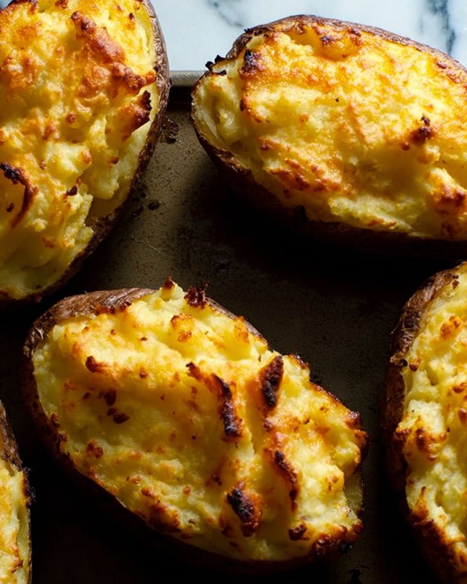 The image shows four twice-baked potato halves placed close together on a dark baking tray. Each potato half has a crispy, golden-brown top layer with a fluffy, slightly textured mashed potato filling visible underneath. The edges of the potato skins are dark brown and slightly crisp. The overall colors are warm yellows and light browns with some browned spots on the mashed potato surface, indicating a well-baked finish. The background is a white marbled texture. photo taken with an iphone --ar 4:5 --v 7