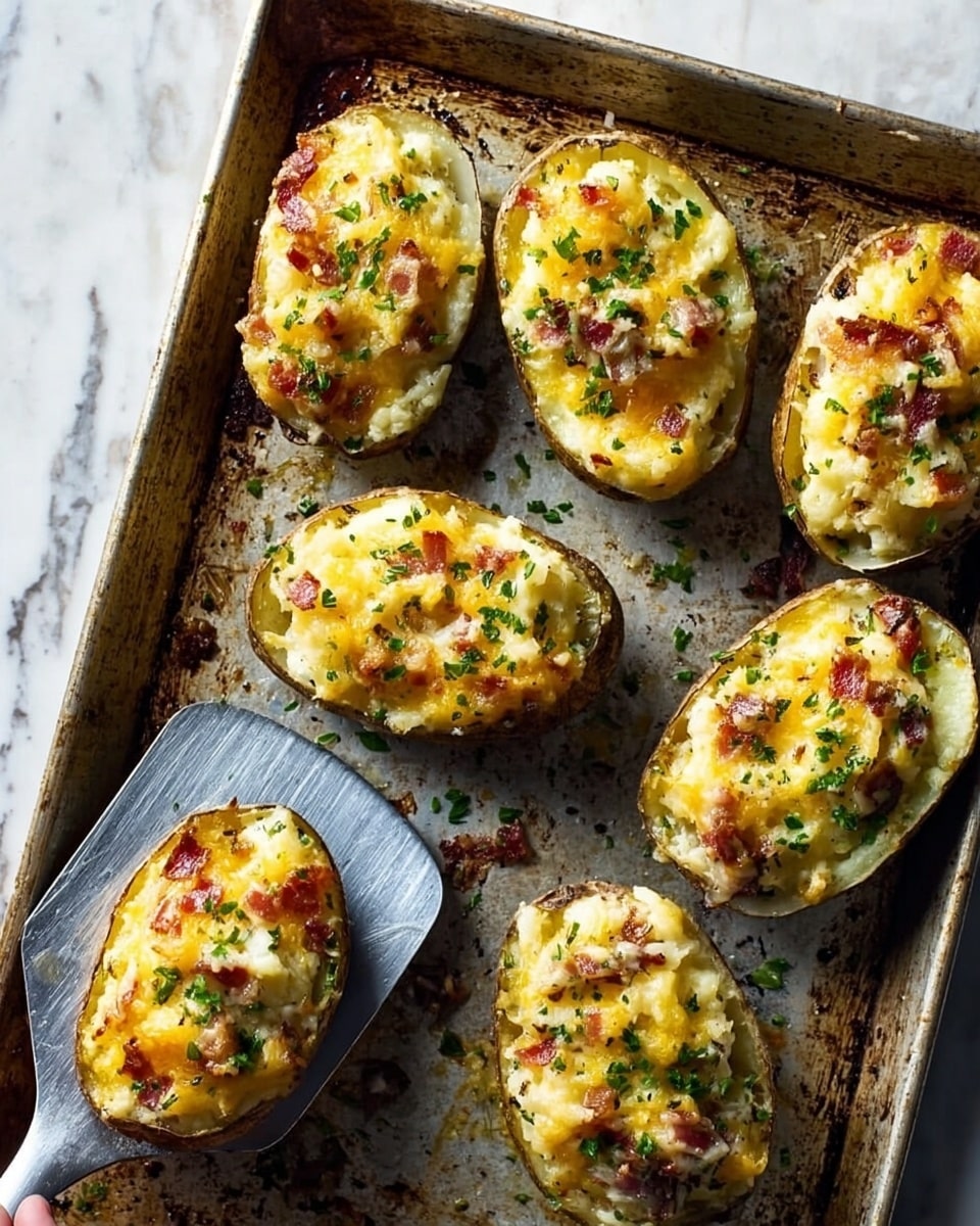 The image shows seven twice-baked potato halves on a metal baking tray with some burnt spots. Each potato half is filled with a creamy, light yellow mashed potato layer mixed with bits of crispy bacon and melted cheese that is browned on top, creating a slightly rough and bubbly texture. Small pieces of green herbs are sprinkled evenly over each potato, adding a fresh touch. The lighting highlights the golden and creamy surface of the potatoes with some shadows for depth. A metal spatula is holding one potato half on the left side of the tray, and a woman's hand is barely visible holding the spatula. The background is a white marbled texture photo taken with an iphone --ar 4:5 --v 7