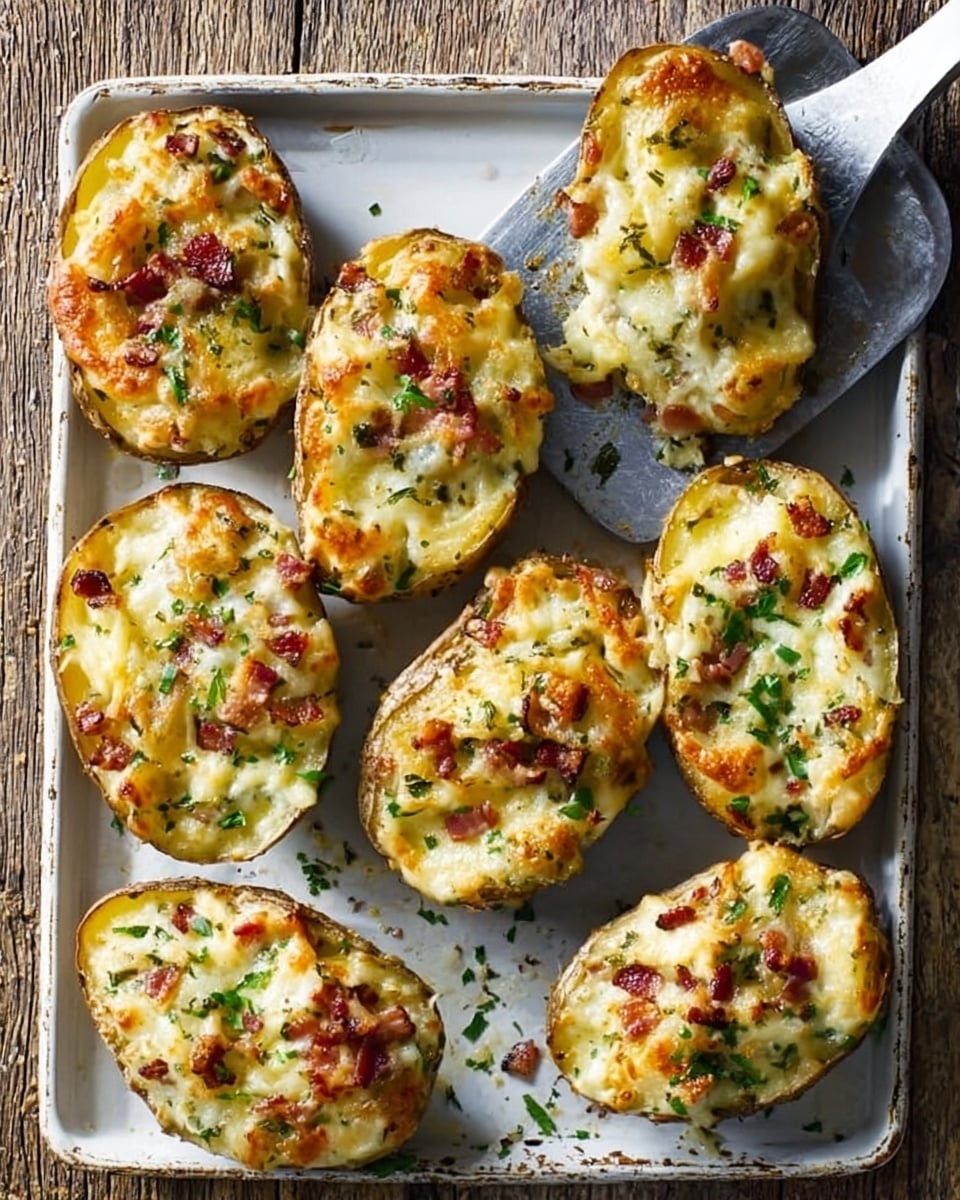 There are eight twice-baked potato halves arranged on a white baking tray, resting on a rustic wooden surface. Each potato is filled with a creamy mixture and topped with melted cheese that has golden, slightly crisped spots. Small bits of crispy bacon and chopped green herbs are scattered on top of the cheese, adding color and texture. A metal spatula is lifting one potato half from the tray, showing the creamy inside. The overall look is warm, cheesy, and inviting with a hint of fresh green from the herbs. Photo taken with an iphone --ar 4:5 --v 7