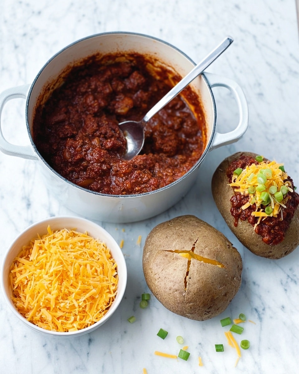 The image shows a white pot filled with chunky dark reddish-brown chili with a silver spoon scooping out some. In front of the pot is a white bowl filled with bright orange shredded cheddar cheese. To the right, two baked potatoes sit on a white marbled surface; one potato is whole with a cross cut on top and a soft yellow inside, while the other is split open and topped with a layer of dark reddish-brown chili, bright orange shredded cheese, and small green onion slices scattered nearby. Photo taken with an iphone --ar 4:5 --v 7