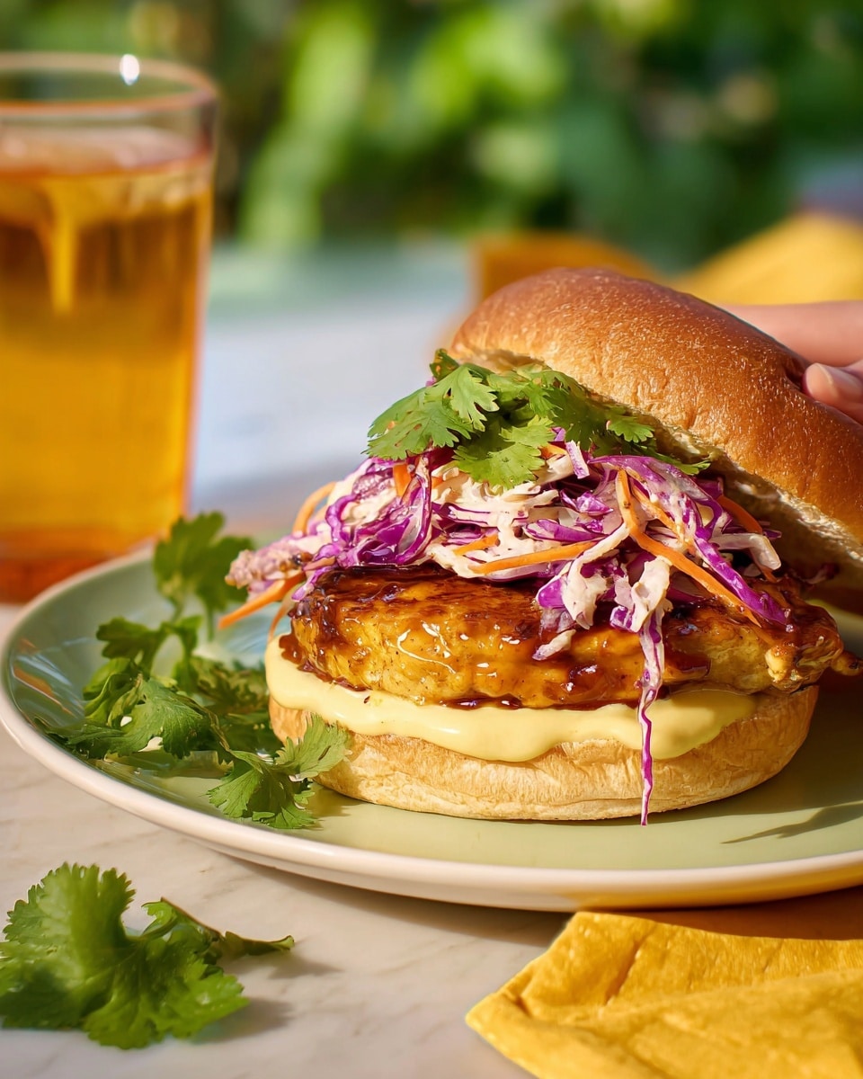 A close-up of a sandwich on a white plate, showing a glossy toasted light brown bun on top and bottom. Inside, the first layer is a smooth creamy pale yellow sauce on the bottom bun. Above that is a thick, golden-brown grilled chicken fillet glazed with a shiny, dark orange sauce. The next layer is a fresh, crunchy pile of shredded purple cabbage mixed with thin strips of orange carrot, topped with a small bunch of green cilantro. The background shows a blurred woman’s hand holding a clear glass filled with a fizzy amber drink, and there is a yellow cloth napkin by the sandwich. The setting is on a smooth white marbled surface with some green cilantro leaves scattered around. Photo taken with an iphone --ar 4:5 --v 7