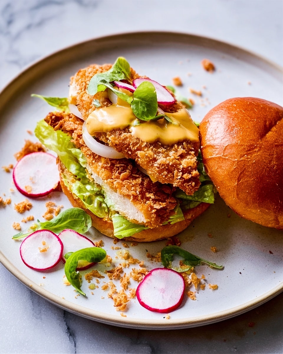 A white plate on a white marbled surface holds an open sandwich with three crispy, golden brown fried strips stacked on fresh light green lettuce and thin white onion rings, topped with a creamy yellow sauce drizzled unevenly over the fried strips. Thinly sliced radishes with red edges and white centers are scattered around the sandwich, along with some small green leaves. Crumbs from the fried strips are sprinkled on the plate. To the right, there is a golden brown sandwich bun, soft and slightly shiny. photo taken with an iphone --ar 4:5 --v 7
