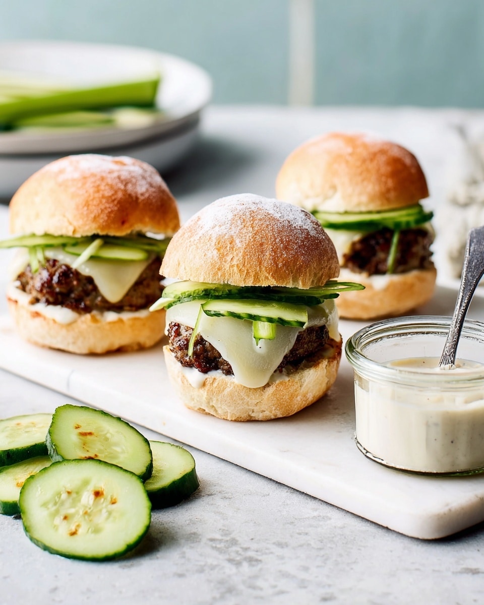 Three small sandwiches are placed on a white cutting board set on a white marbled surface. Each sandwich has a soft, light brown bun top with a slightly powdered texture. Inside, there is a dark brown patty topped with pale melted cheese that drapes over the sides. Above the cheese, thinly sliced cucumber pieces are layered flat. In the foreground, several bright green cucumber slices lay scattered. To the right, there is a small clear jar filled with a creamy white sauce and a silver spoon inside. Soft natural light brightens the whole scene. photo taken with an iphone --ar 4:5 --v 7