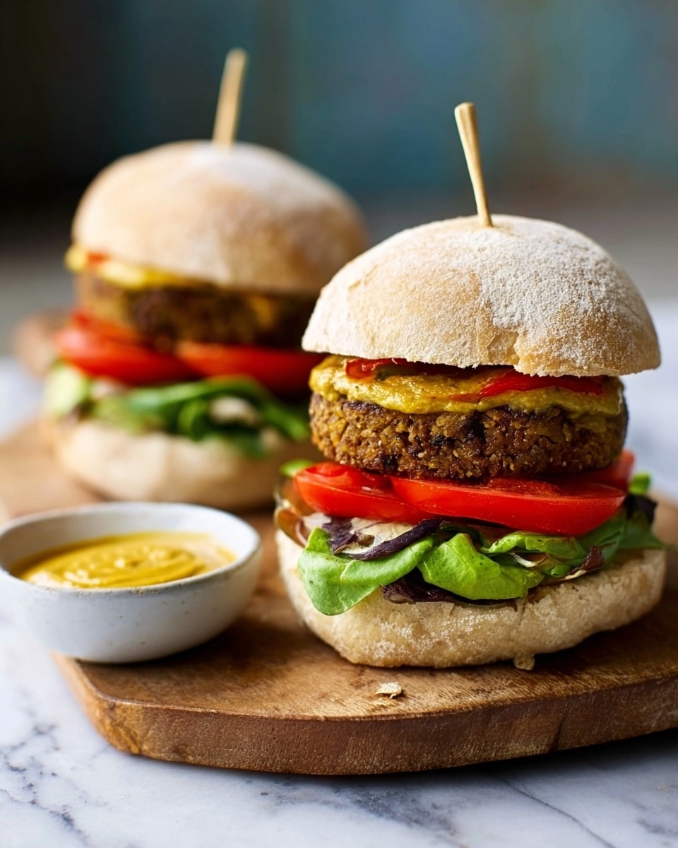 The image shows two fresh sandwiches on a wooden board with a white marbled surface underneath. Each sandwich has a light, flour-dusted bun with the top bun slightly raised. From bottom to top, the layers include a thick layer of bright red tomato slices, a layer of green leafy lettuce, a thick veggie or bean patty with a rough, crumbly texture, more green leaves, and a spread of mustard-colored sauce on the top bun. One sandwich is in the foreground, and the other is out of focus in the background. To the left of the sandwiches, there's a small white bowl filled with yellow mustard sauce. A skewer sticks out from the top bun of each sandwich to hold the layers together. Photo taken with an iphone --ar 4:5 --v 7