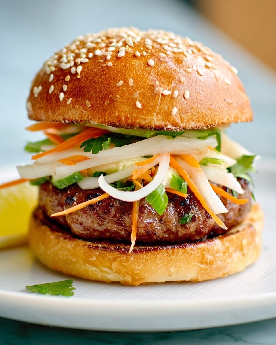 A close-up of a burger on a white plate with a white marbled background. The burger has a golden brown sesame seed bun on top. Below the top bun is a layer of thin white slices of onion, topped with thin long orange and white strips of carrots mixed with green herbs and small rounds of green onion. Below the vegetables, a thick, juicy brown beef patty rests on the bottom bun, which is golden brown and soft. There is a lemon wedge placed on the plate near the burger. Photo taken with an iphone --ar 4:5 --v 7